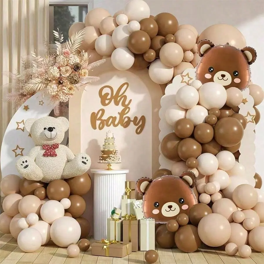 128 Piece Teddy Bear Theme Kids Party Balloon Set, Includes Arch Making Accessories, Perfect for Gender Reveal & Birthday Parties, Balloon Garland Kit