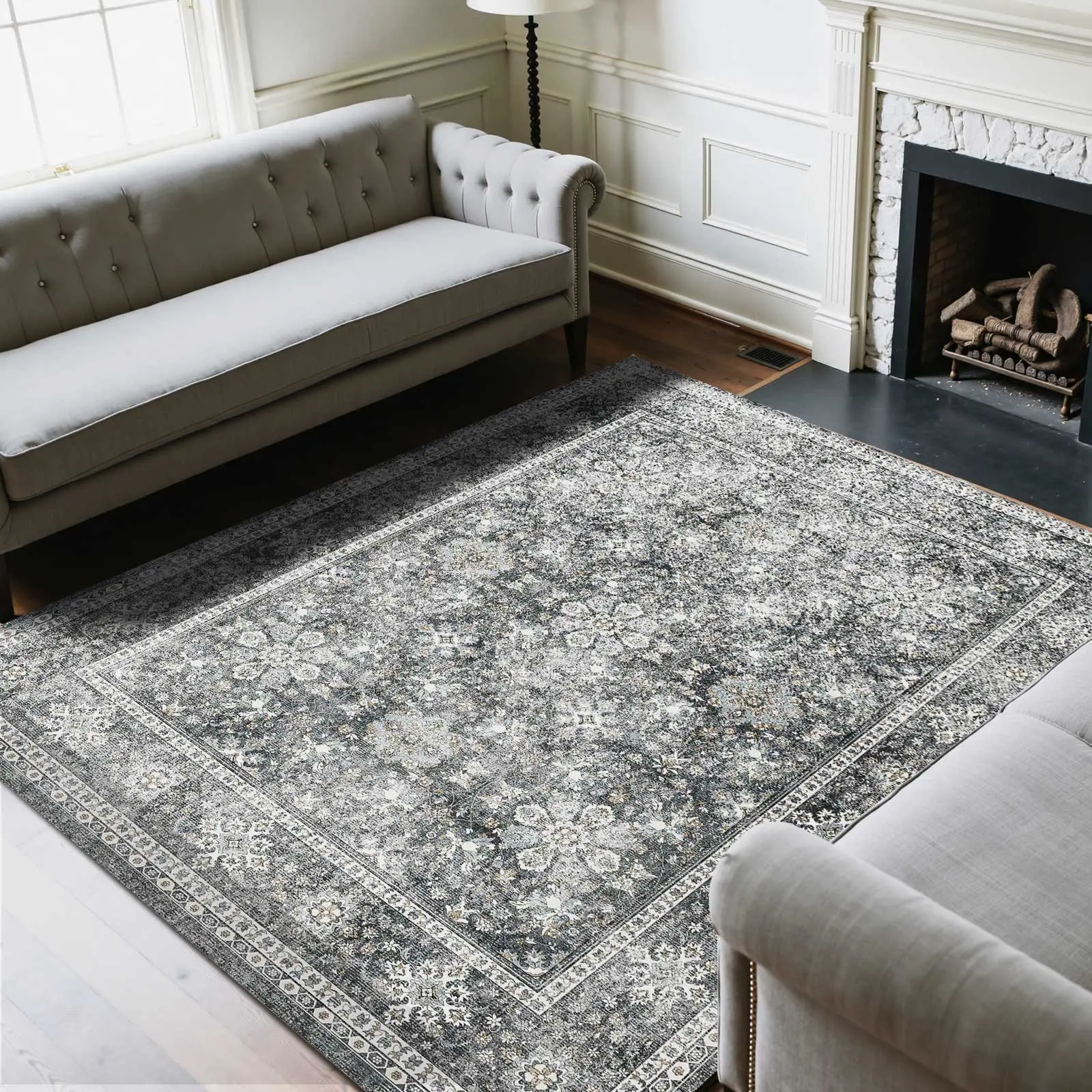 VEVOR Area Rug, 8x 10 ft Large Washable Rug, Non-Slip and Tear-Resistant Soft Carpet, Pet Child Friendly Vintage Area Rugs, Indoor Mat for Bedroom, Living Room, Kids Room, Entryway, Office, Gray