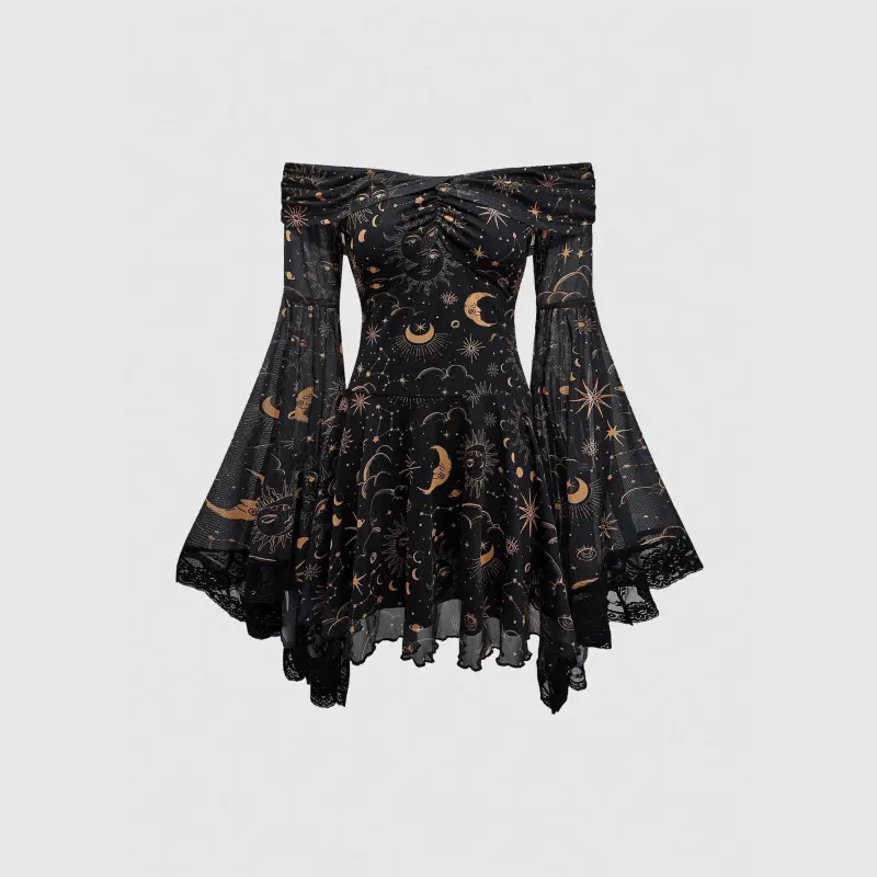 Women's Gothic Round Neck Vintage Mysterious Star and Moon Pattern Long Sleeve Short-Sleeve Printed Bell Sleeve A-Line Dress