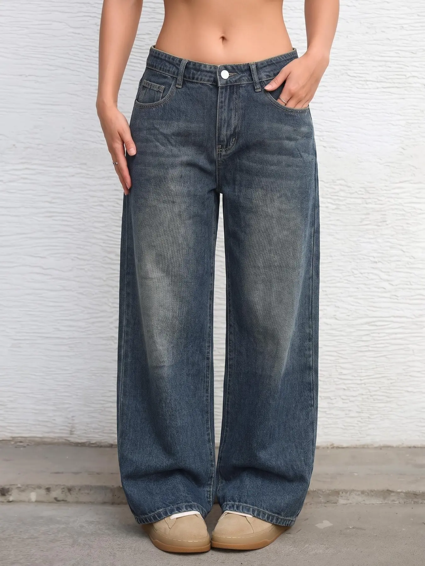 Women's Vintage Wash Wide Leg Denim Jeans, Loose Casual Unlined Long Pants, All Seasons Daily Wear