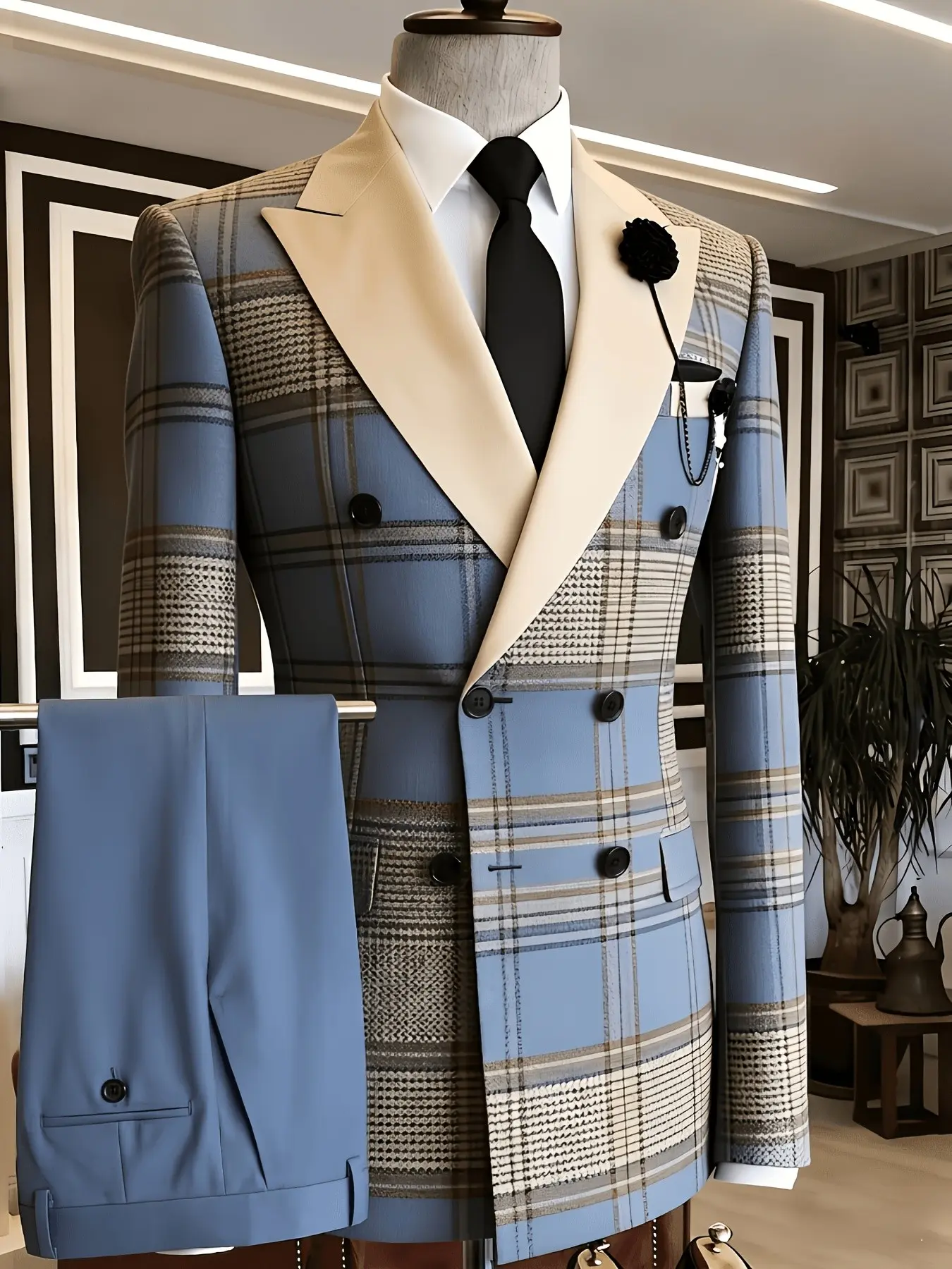 Ainwear Big & Tall Men's Blue Plaid Satin Suit, Double Breasted Blazer & Solid Pants, Formal Wedding Prom Party Tuxedo, Plus Size