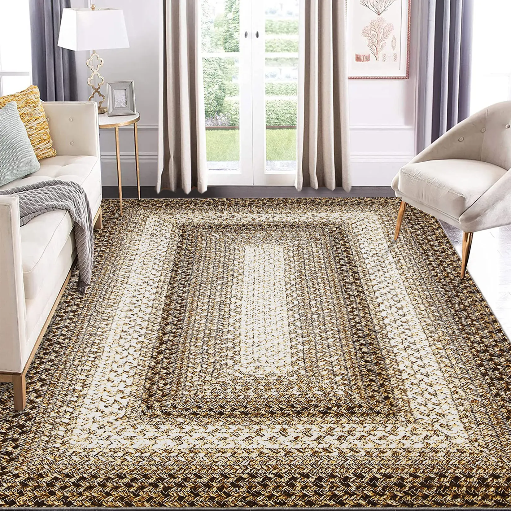 Washable Braided Print Geometric Living Room Rugs, Soft Non Slip Indoor Modern Area Rug for Bedroom Contemporary Low Pile Floor Rug for Dining Room Farmhouse