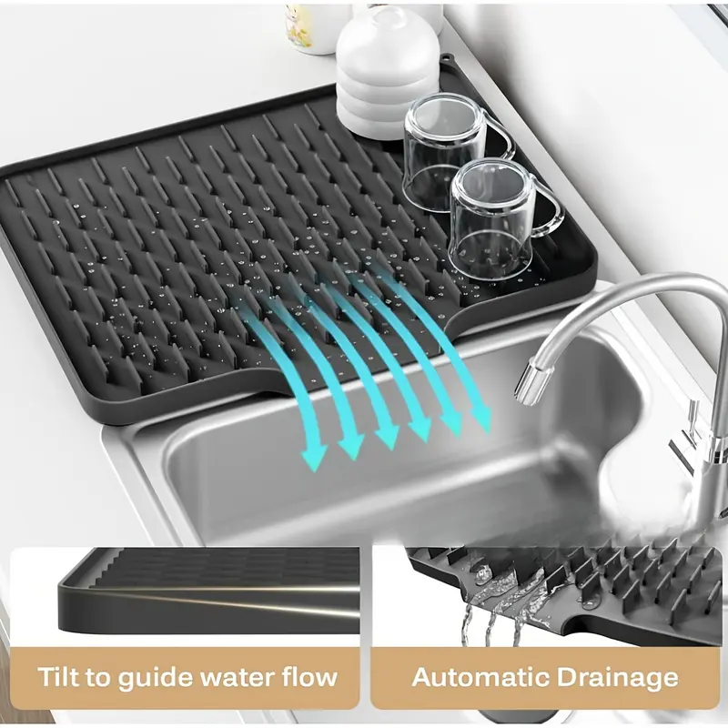 Non-Slip Silicone Kitchen Sink Drainage Board with Drain System, Heat-Resistant Drying Mat for Countertops, Fridge & Dish Drying - Easy-Clean for all Sink Types (Compatible with Sinks, Not Bathtubs/Showers) - Ideal Holiday