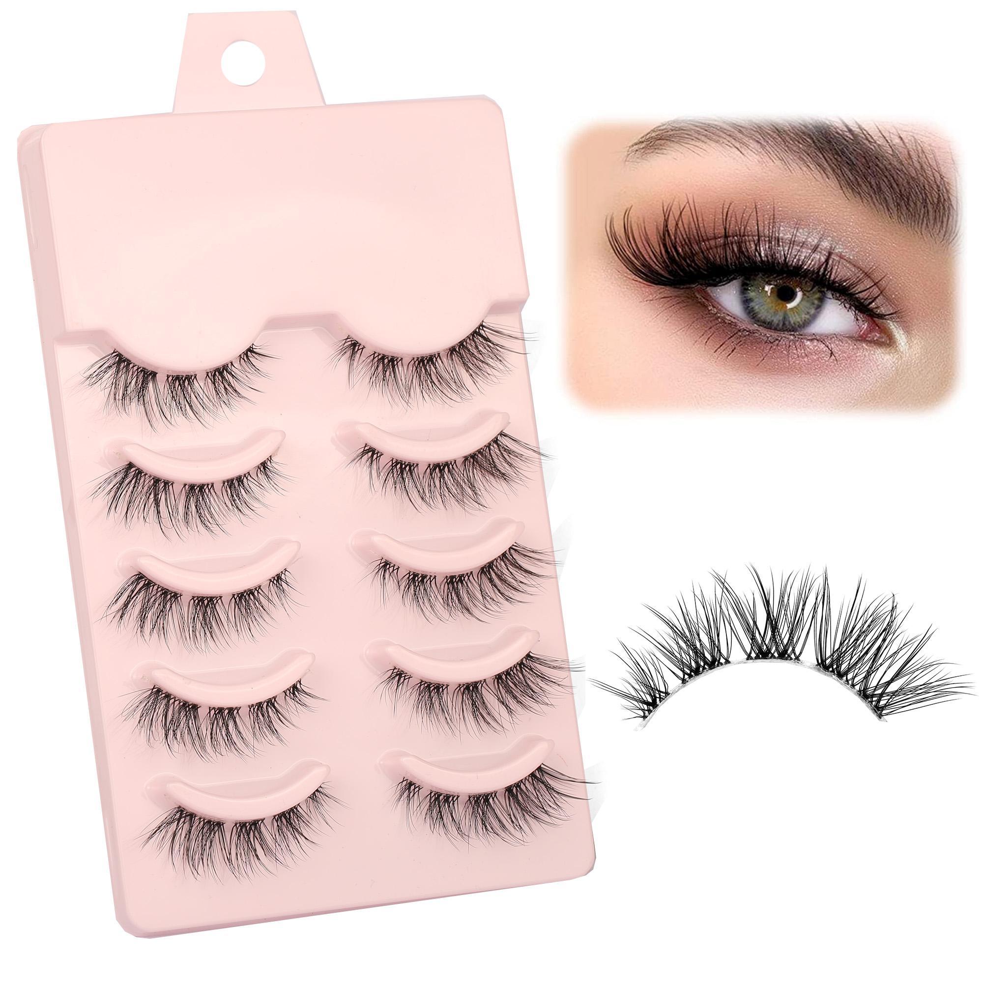 Lightweight Cat Eye Flare Lashes, 5 Pairs Transparent Stem Wispy Natural Curling Eye Makeup Strip Lashes, Volumized False Eyelashes