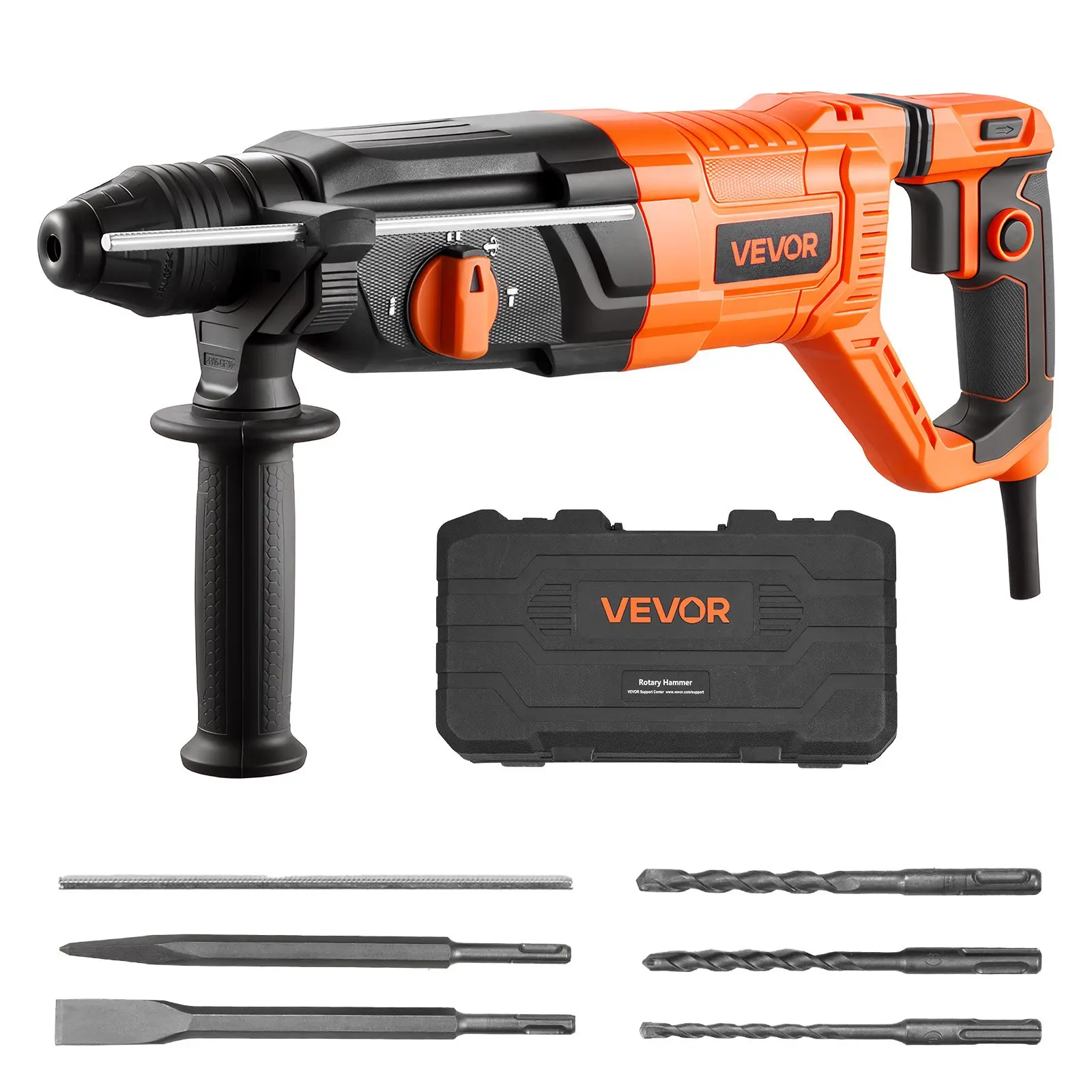 VEVOR SDS-Plus Rotary Hammer Drill, 820W Corded Electric Heavy Duty 4-Function Tool (0-1100 rpm, 5000 bpm, 1-1/8 in, 3.3 kg/7.3 lbs) with Flexible Grip, Internal Damping, 3 Bits, Flat/Pointed Chisels, Case for Concrete, Wood, DIY Installation