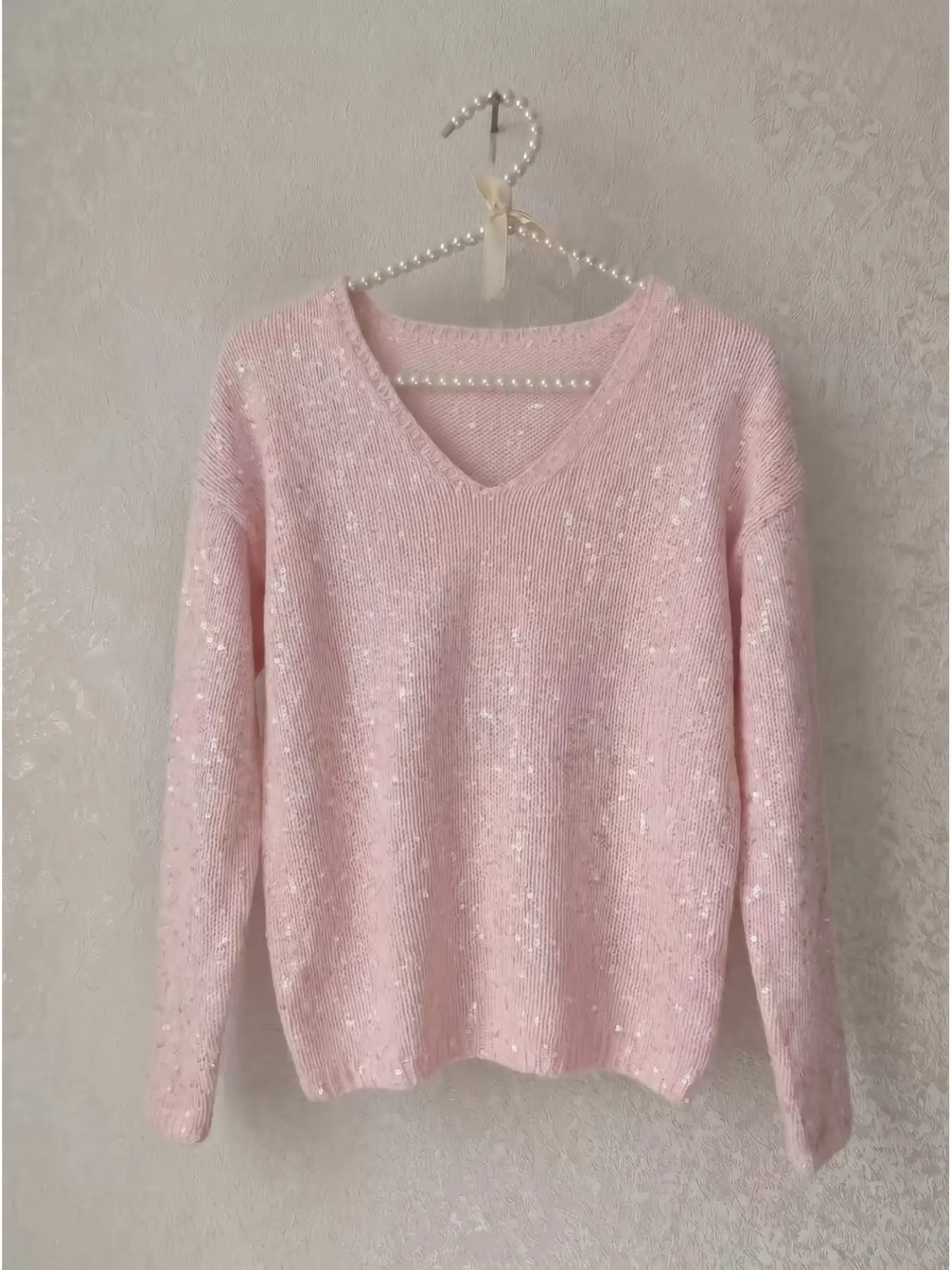 Elegant Solid V-Neck Sequin Knit Pullover, Loose-Fitting Long Sleeve Sweater for Fall & Winter, Versatile Women's Fashion Top