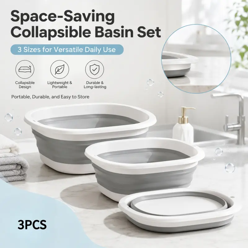 3-Pack Collapsible Plastic Basins in 3 Sizes, Space-saving & Lightweight Portable Wash Bowls for Laundry, Camping, Fruit Cleaning and Bathroom