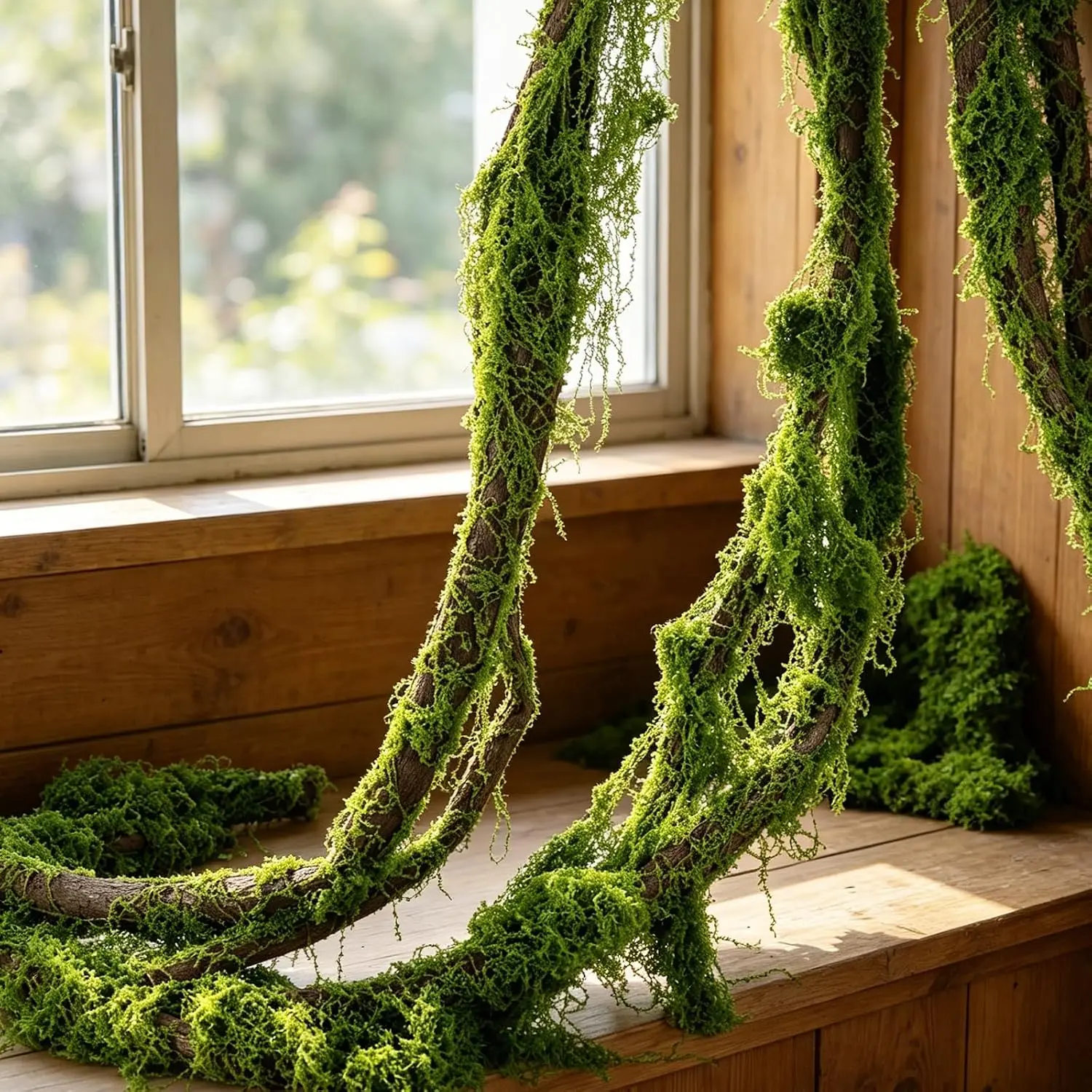 2 Pcs 197in Bendable Decorative Artificial Tree Branches with Moss, 7oz Artificial Moss, Fake Jungle Vines, Enchanted Forest Wedding Party Decor, Home Photo Backdrop, Reptile Habitat Plants
