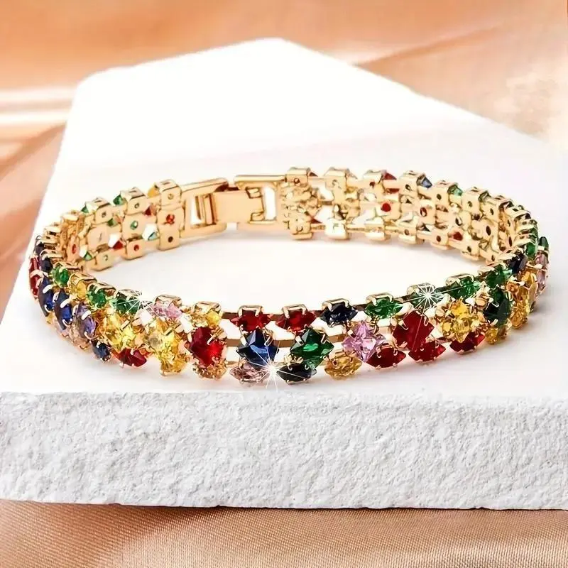 Women's Elegant Bohemian Colorful Geometric Zirconia Clasp Chain Bracelet, Gold Plated Rainbow Crystal Chain Bracelet, Elegant Sparkling Clasp Bracelet, Dainty Jewelry for Weddings, Parties, Daily Wear and Elegant Jewelry for Anniversary summervibes