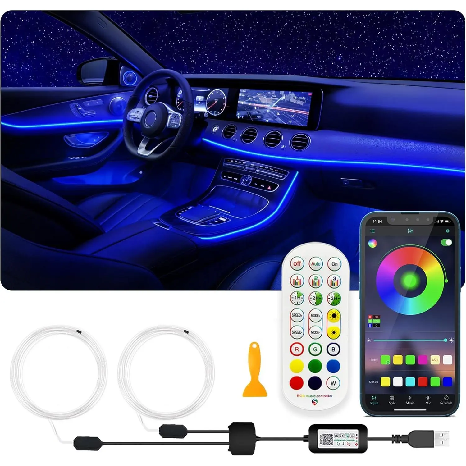 USB Car LED Lights, Interior Car Lights Strip with APP and RF Remote Control, 2 in 1 Ambient Lighting with 157 inches Fiber Optic Music Sync Simple Installation EL Wire Lights (2 in 1/157 inches)Gift