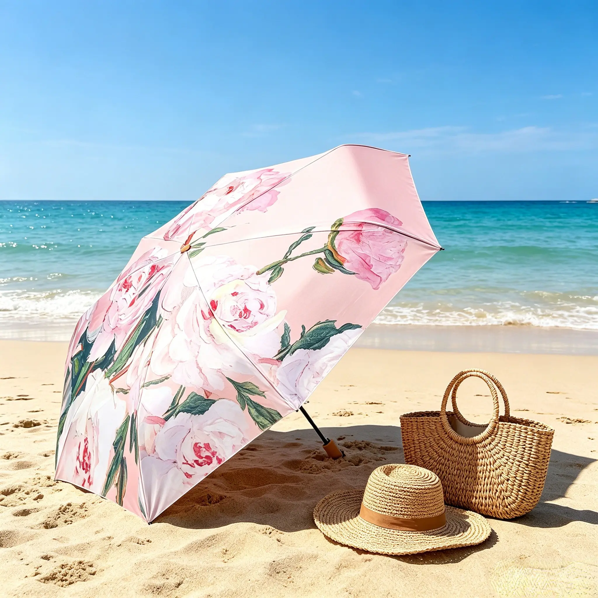 Oil Painting Folding Umbrella Three-Fold Manual Sunshade, UV Protection Lightweight Portable Beach Umbrella for Women, Summer Outdoor Gear, Foldable Umbrella