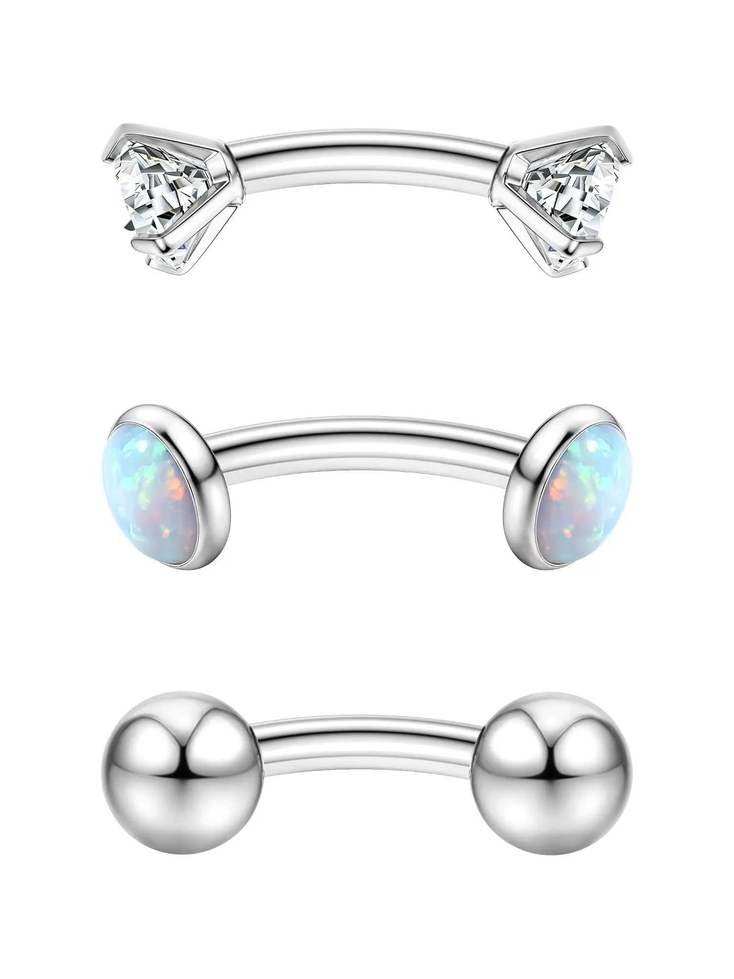 Unisex G23 Implant Grade Titanium 16G Curved Barbell Piercing Bundle, CZ & Opal Ball Studs For Rook Daith Tragus Helix Eyebrow Lip Belly Button, 6mm 8mm 10mm Lengths