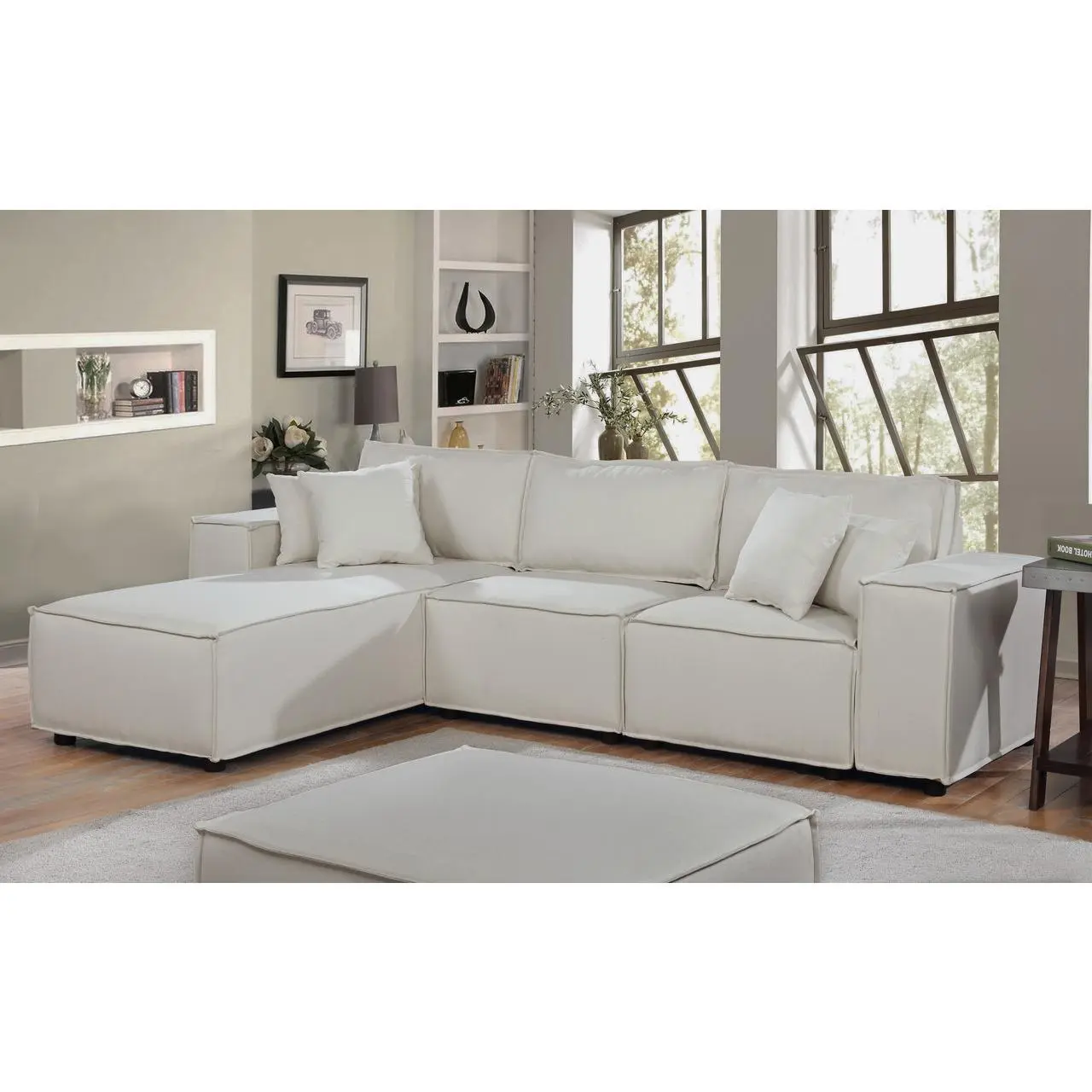 Nokaa 104" Linen L-Shaped Sectional Sofa with Reversible Chaise, 3-Seat Couch for Living Room, Modern European Style, Beige, Foam-Filled Cushions with Pocket Coil Springs, Removable Back Cushions, 4 Pillows Included, Easy Assembly