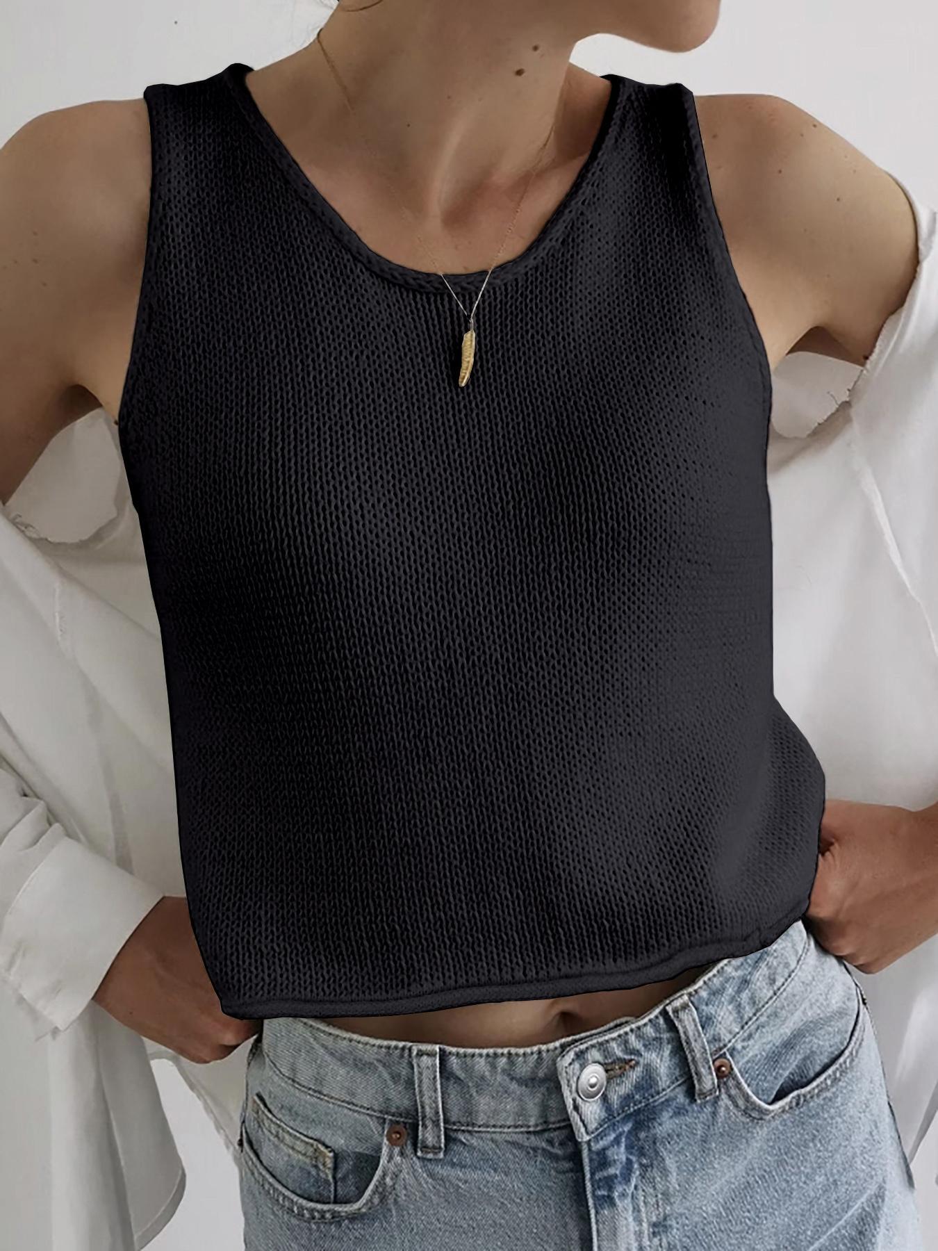 Women's Plain Round Neck Crop Sweater Vest, Casual Fitted Sleeveless Cropped Knit Top for Spring & Fall, Fashion Women's Knitwear for Daily Wear