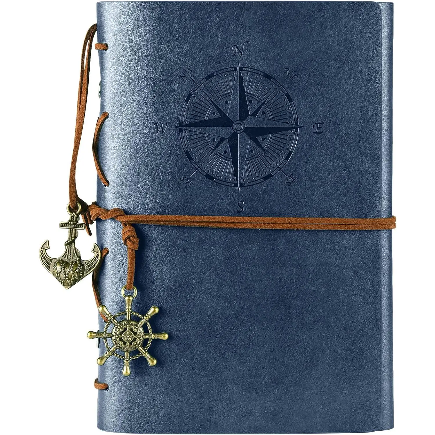 Refillable  Diary,   PU Leather Classic Embossed Travel Journal Notebook with Blank Pages and Retro Pendants (Deep Blue) | Classic PU Leather, Thick Paper, Lay Flat, Portable A6 Size for Travel School Work, Embossed Journal for Women Men Girls Boys