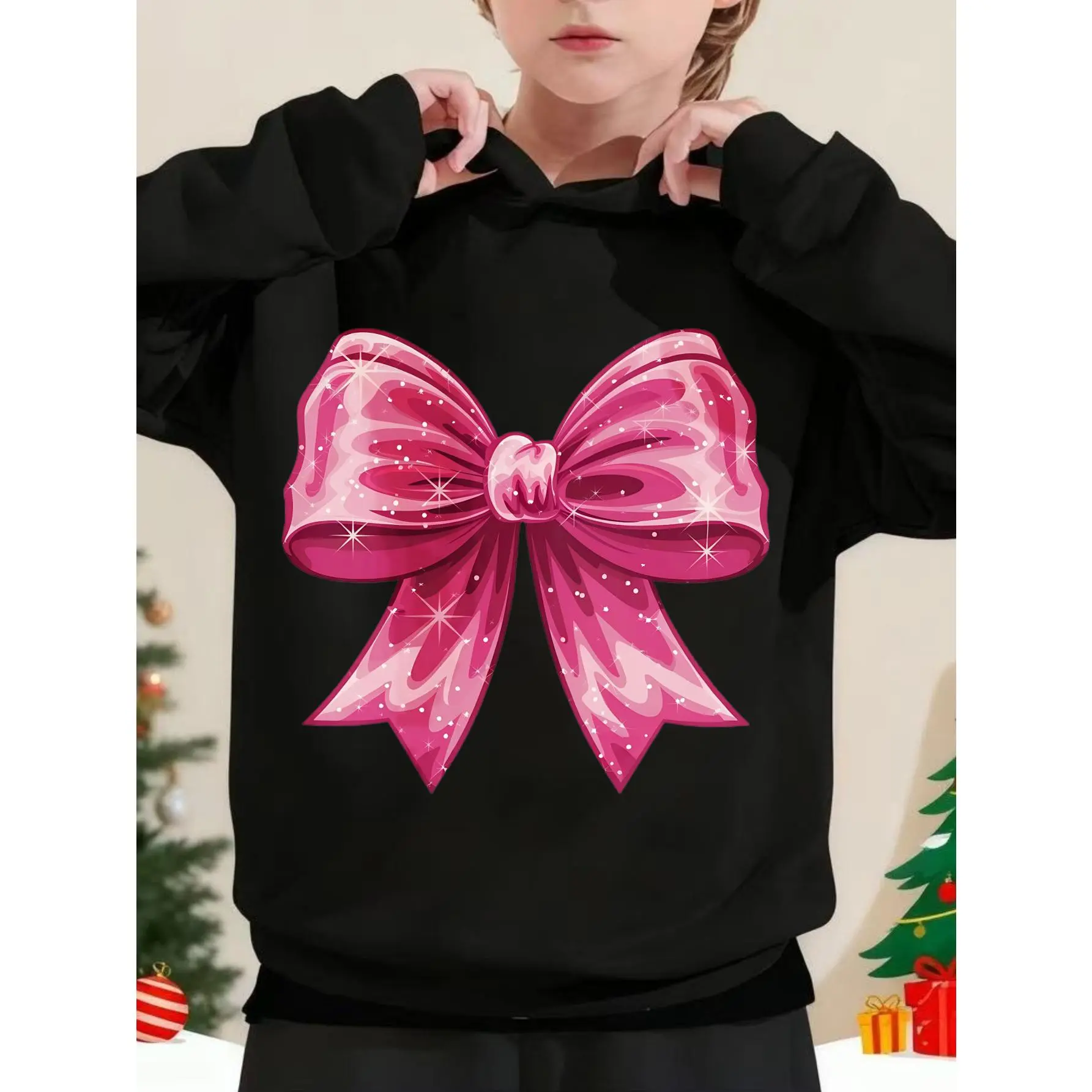 Girls' Hoodie And Sweatpants Set - Black with Pink Bow Print, Comfortable Winter Outfit, Soft Stretch Fabric Hooded Tracksuit with Matching Pants, Suitable for Holiday Parties And Celebrations (Size 'S'), Outdoor Wear, for Outdoor