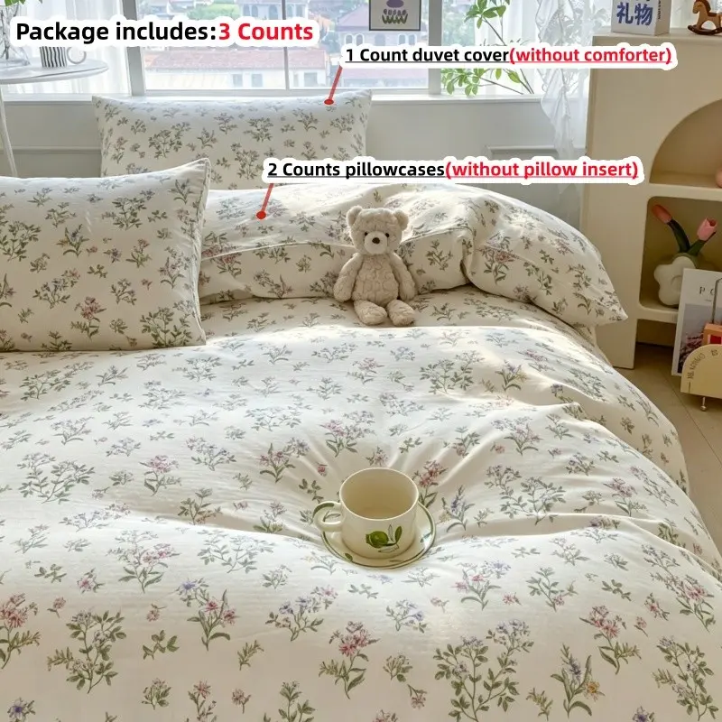 3pcs Plant Floral Cozy Bedding Set, Includes 1 Duvet Cover + 2 Pillowcases, 100% Polyester, Single Twin Double Queen bed Size