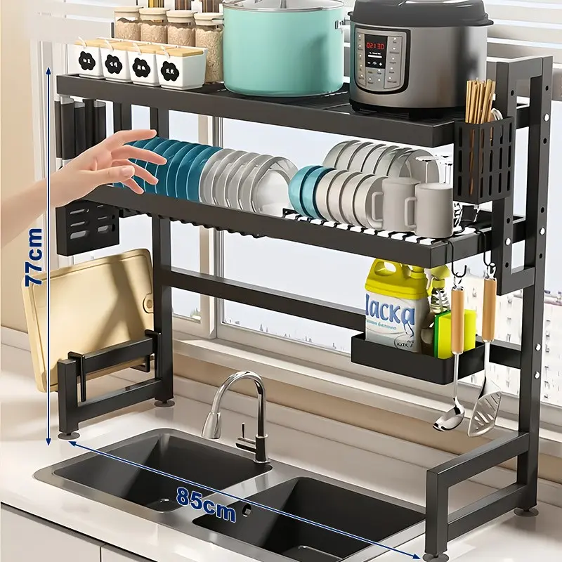 85cm/33.5in Double Layer Sink Shelf Organizer, Space Saving Dustproof Multifunctional Dish Drain Rack, Kitchen Countertop Cupboard Tableware Storage Holder