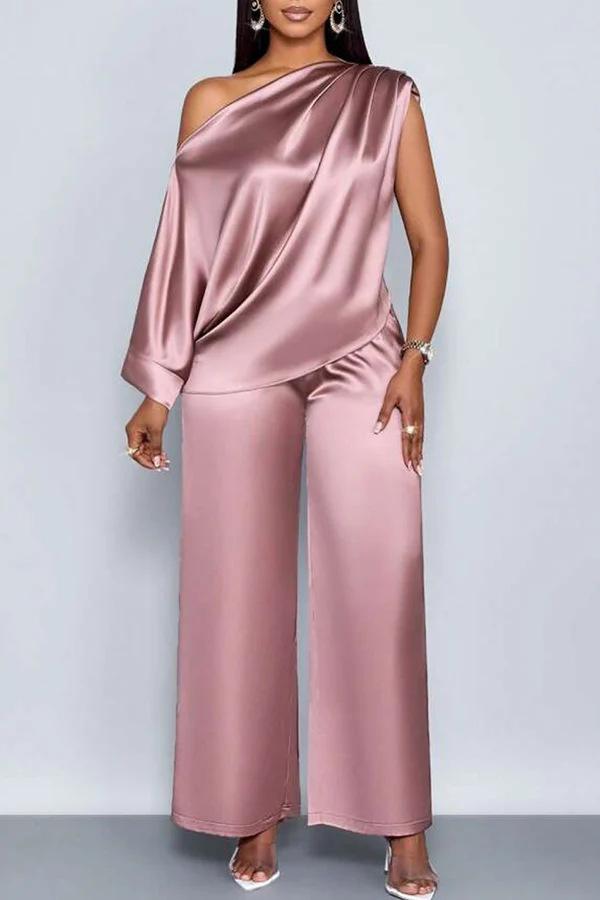 Summer Casual Women's Satin Suit with Asymmetrical Collar, Short-Sleeved Top and Long Pants Set