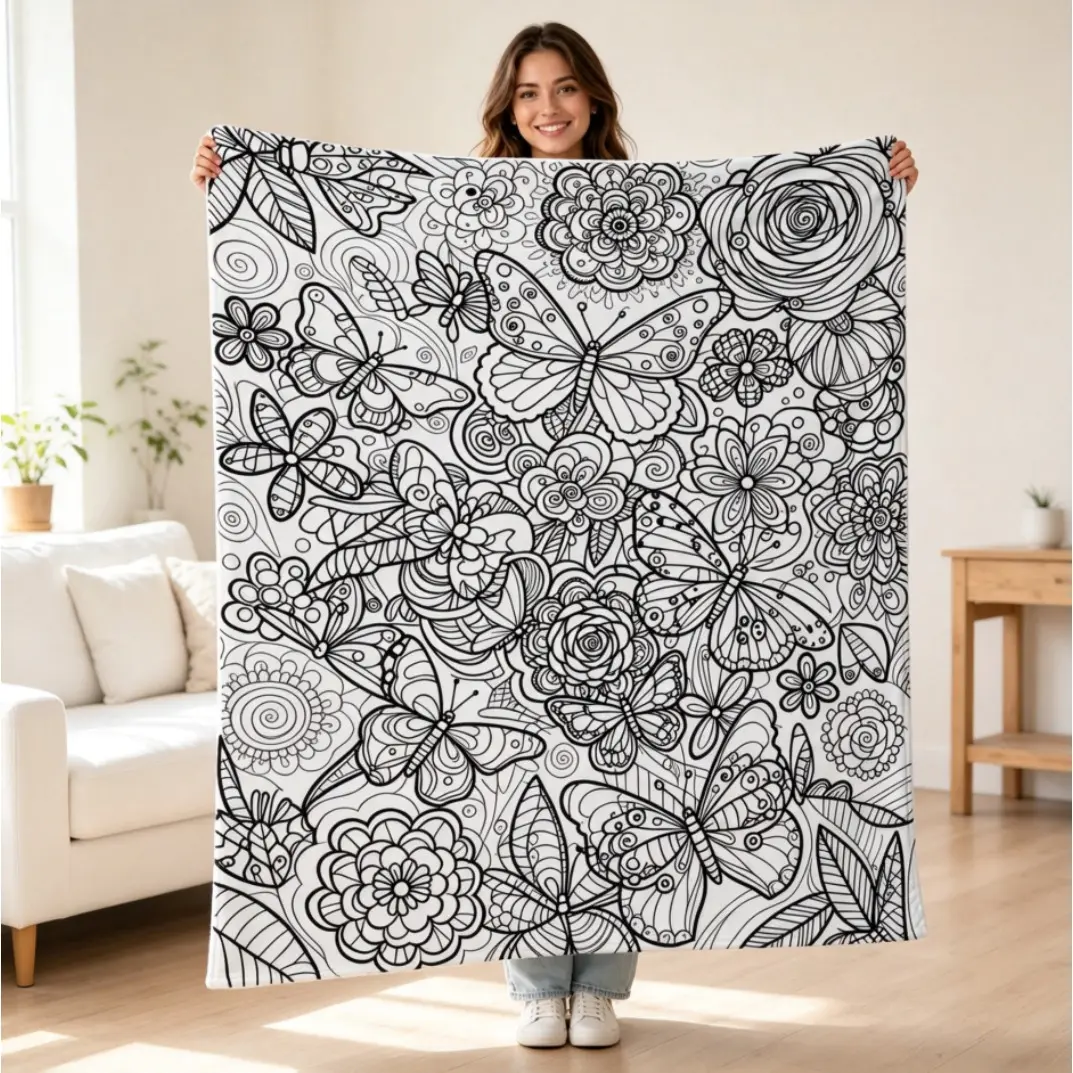 Butterfly and Floral Pattern Flannel Blanket, Black and White Coloring Design Fleece Throw Blanket, Soft Comfortable DIY Colorable Blanket, Cozy Lightweight Blanket for Bedroom Sofa Couch Home Decor, Adults & Kids Gift