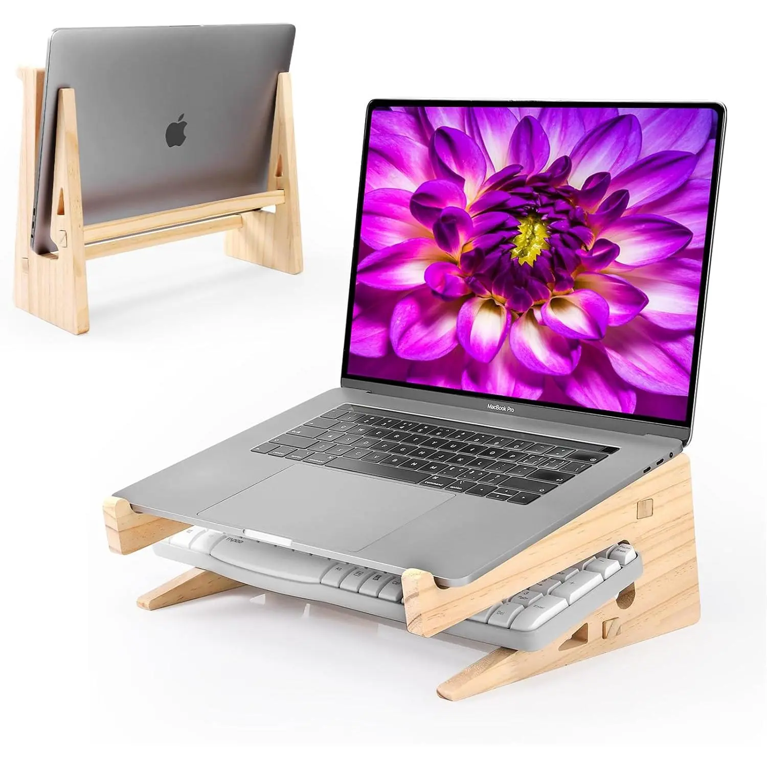 Wooden Laptop Stand for Desk, Vertical & Horizontal  Laptop Riser with Keyboard Storage, Compatible with MacBook Air Pro/// 13-17 Inch Laptops