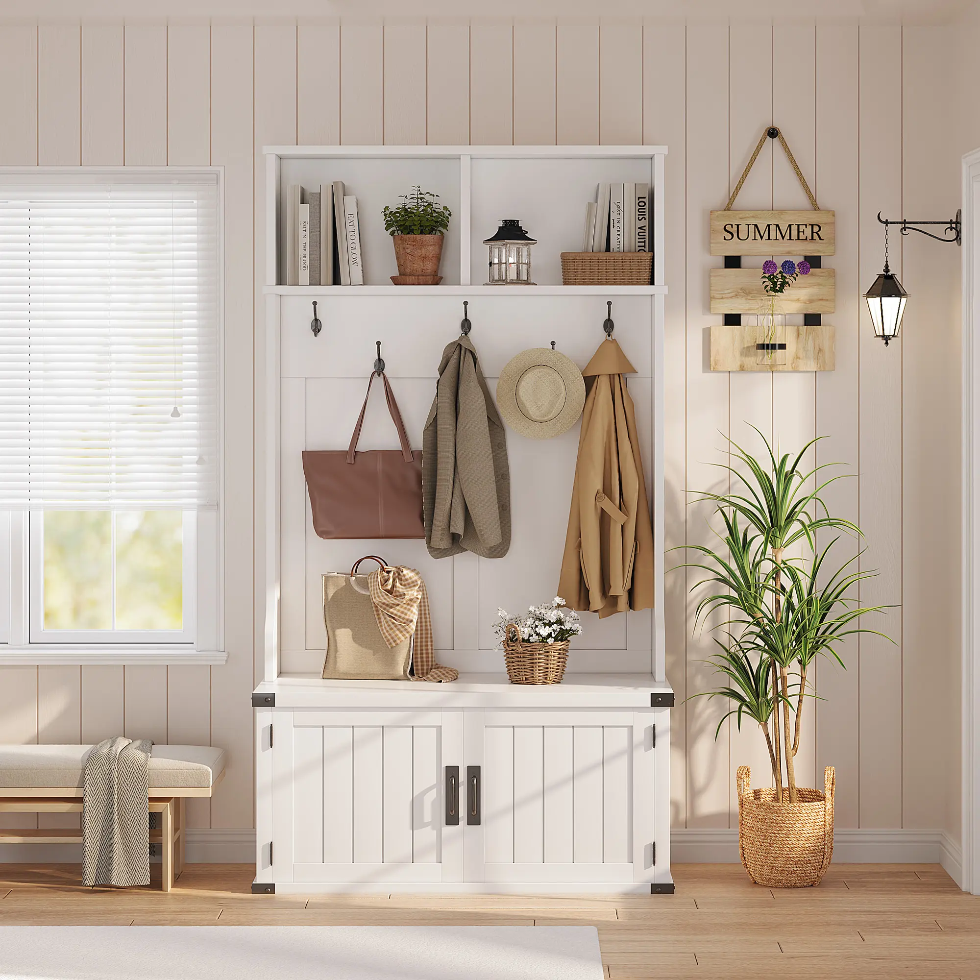 🏡 4-in-1 Farmhouse Hall Tree with Bench & Shoe Storage – 5 Double Hooks, Adjustable Shelf & Cubbies! Perfect Entryway Organizer for Mudroom & Living Room ✨
