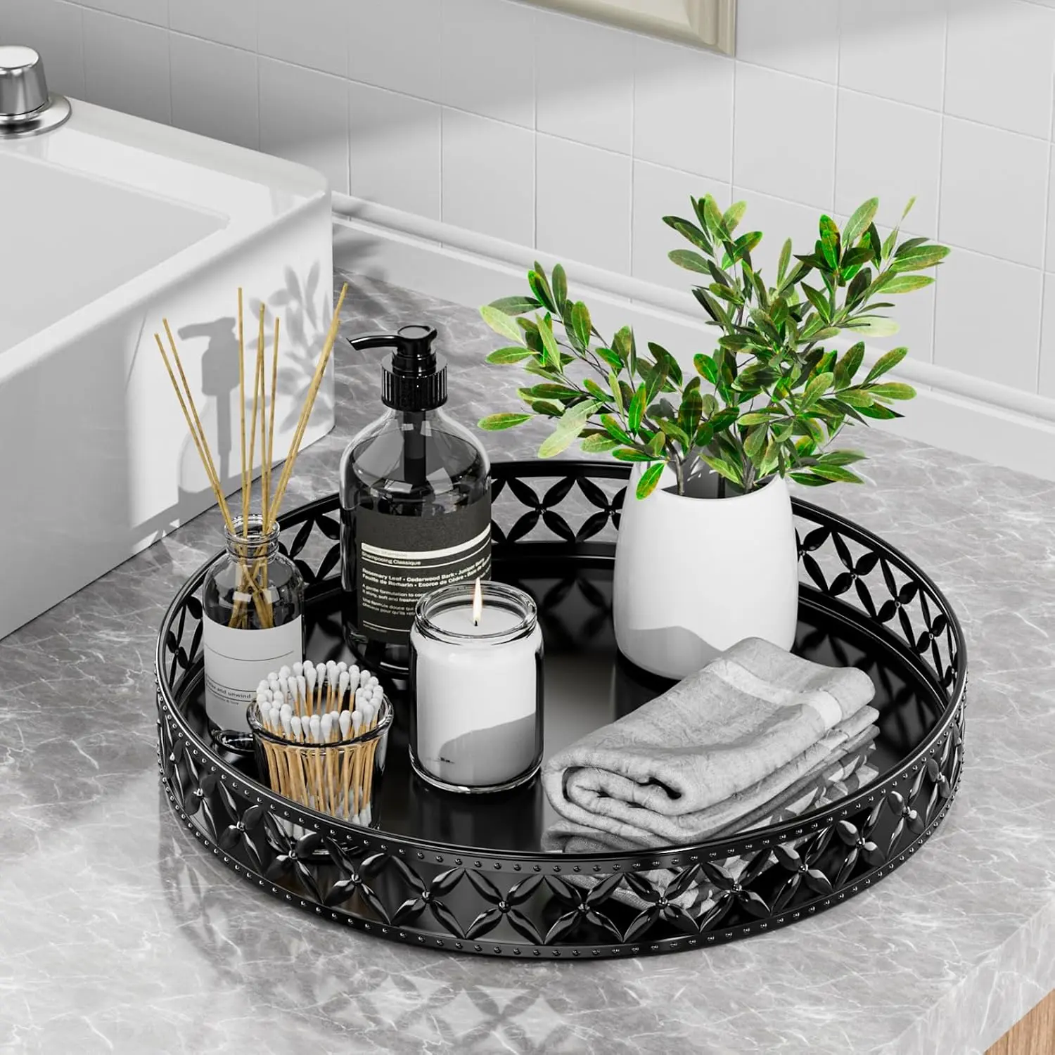 Tray for Bathroom Counter - 11 Inch Round Black Decorative Tray | Small Metal Tray, Non-Slip Bathroom Countertop Tray, Floral Design, Bathroom Organizer for Perfume   Makeup
