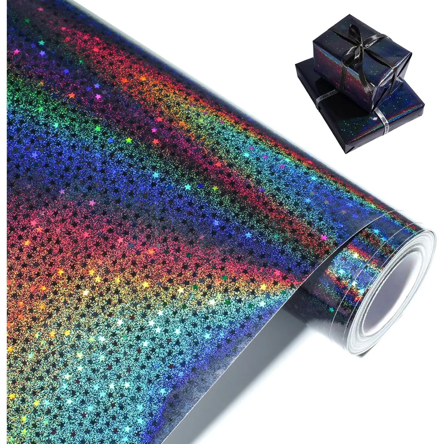Black Holographic Metallic Glitter Wrapping Paper - Modern, Holographic Shine, Rainbow Effect, Mini Size, 17x32.8in, Easy Folding, Grid Lines, High Print, Cut Line | Office Stationery Gift Wrapping Supplies for Birthday, Christmas