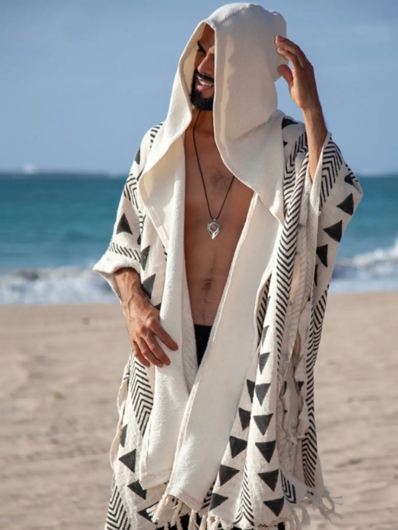 New European and American Beachwear Hooded Men's Vacation Style Versatile Casual Print Fringe Cape, Trendy Summer for Men