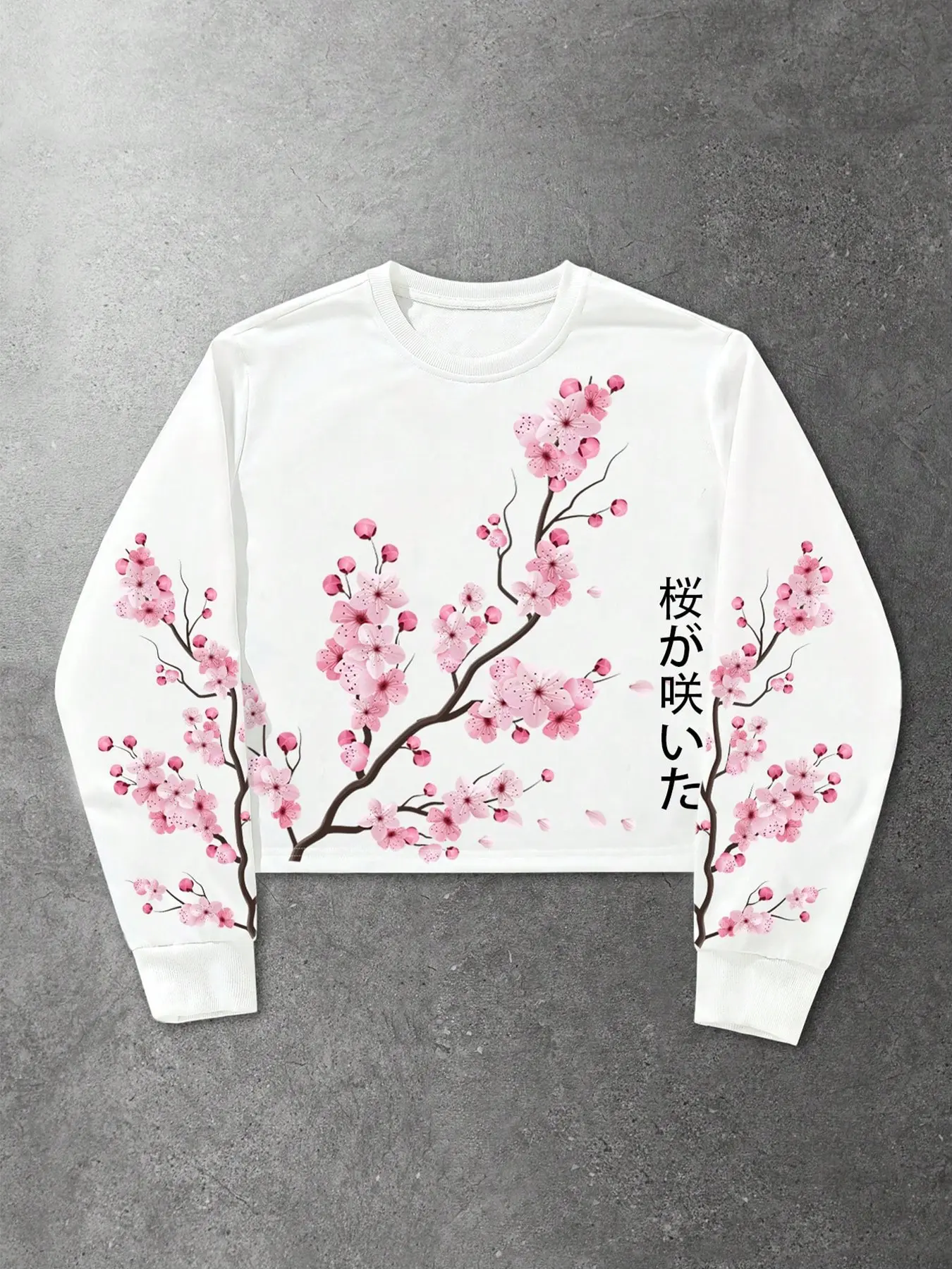 Men's Stylish Cropped Sweatshirt, Japanese-Style Cherry Blossom Print Crew Neck Long-Sleeved Casual Pullover, Suitable for Everyday Casual Street Wear.