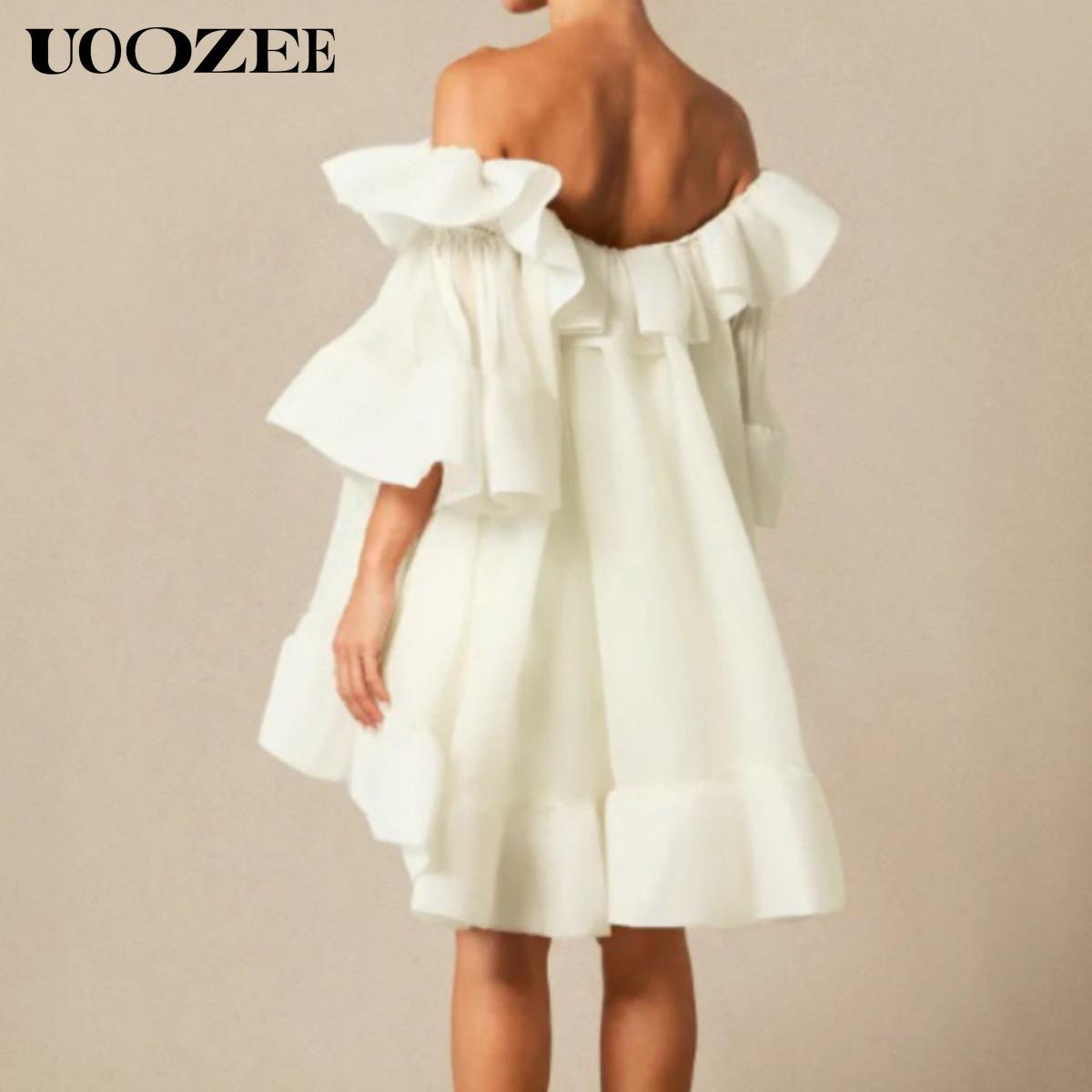 UOOZEE Women's White Off-Shoulder Mini Dress, Cascade Ruffle Sleeves High-Low Hem Pleated Party Dress New Stylish Flowy Dress(Sizing Runs Small - Check Size Guide or Order Larger)