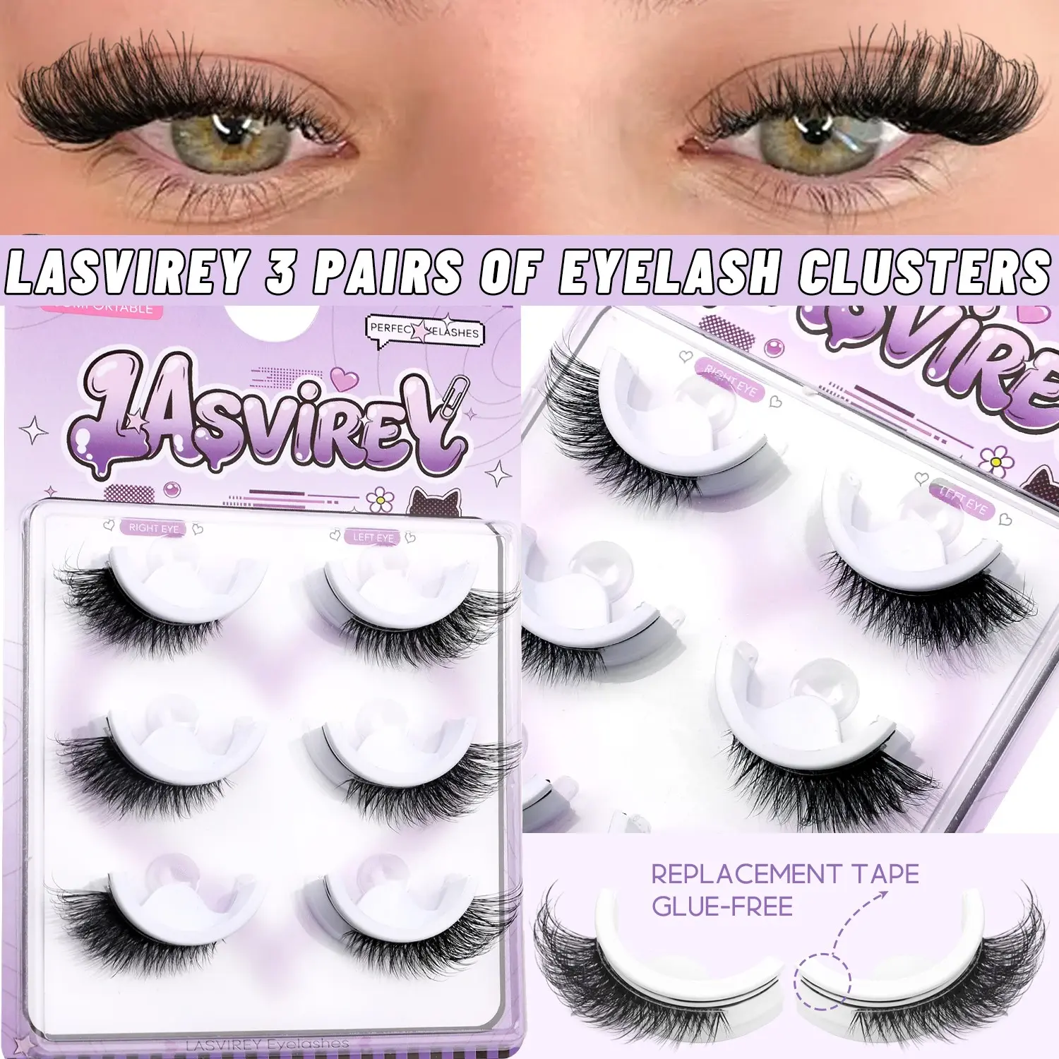 LASVIREY 3 Pairs Cat Eye Lashes Wispy Self Adhesive False Eyelashes Voluminous 5D Faux Mink Lashes C Curl Fluffy Eyelashes Luxurious Wispy Lashes With Clear Thin Band,Replaceable,Tail Elongated Eyelashes,Suitable For Any Occasion,Travel Essential