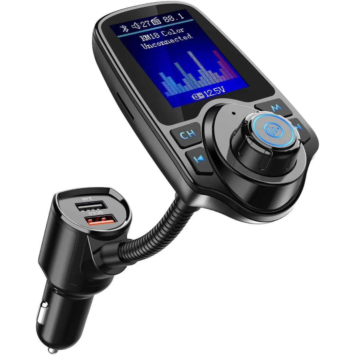 Wireless in-Car Bluetooth FM Transmitter Radio Adapter Car Kit W 1.8 Inch Display Supports TF SD Card and USB Car Charger for All Smartphones Audio Players-KM18 Color