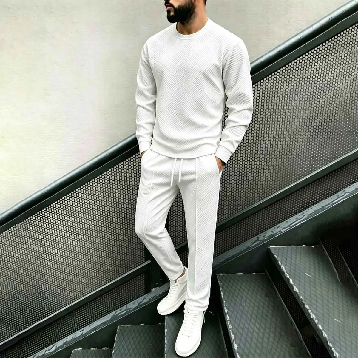 Male 2-Piece Diagonal Textured Crew Neck Tracksuit Set - Menswear, Plain White Long-Sleeve Polyester Blend Pullover Sweatshirt, Drawstring Fitted Cut Medium Length Cropped Straight Leg Pants, Casual Daily Wear, Machine Washable