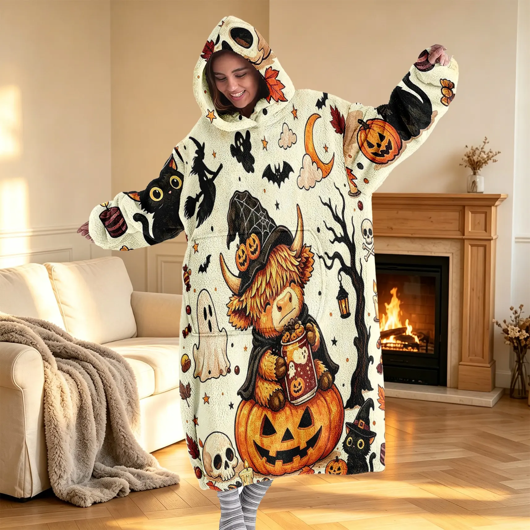 Halloween-Themed Long Hooded Robe, Cute Cartoon Print, Thick Warm Large Pocket, Perfect for Halloween Parties, Fun Gift for Young Adults