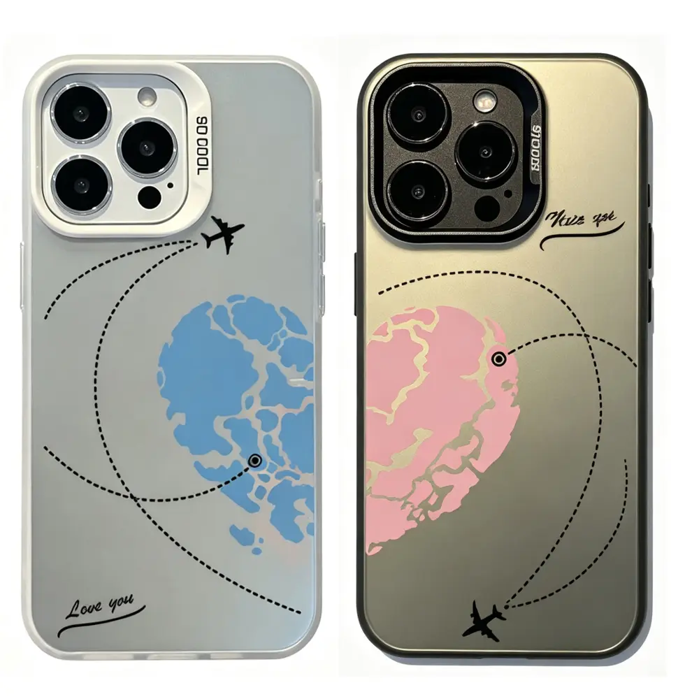 Eco-Friendly BFF Matching Smartphone Case Accessories for iPhone 17 Air,16 Pro Max,15,14 Plus,13,12,11 - Multi-Model Shockproof Cover with Blue/Pink Heart,World Map,Flight Path Prints - Ideal Birthday Gift
