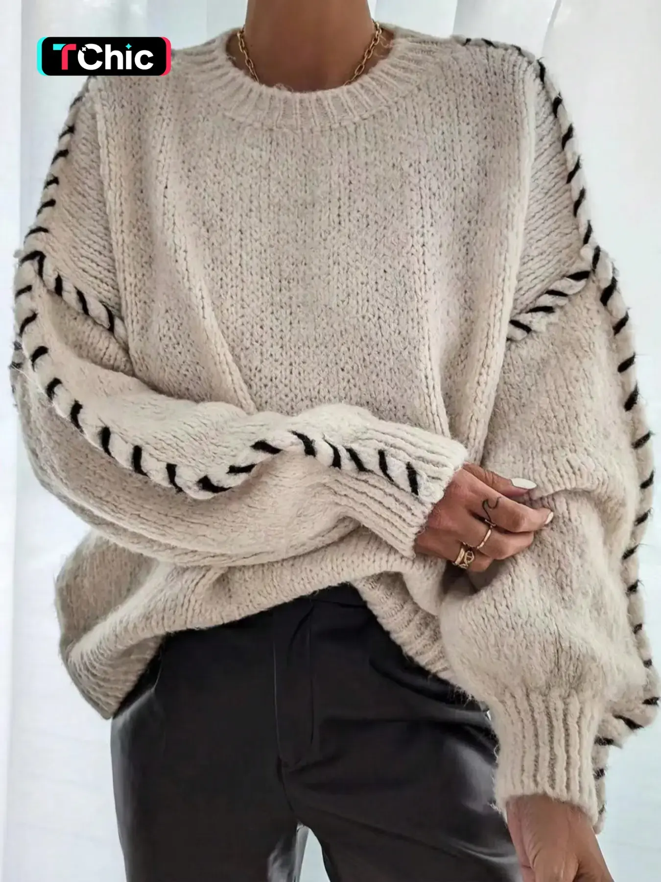 Women's Contrast Binding Drop Shoulder Loose Stretchy Knitting Sweater, Casual Long Sleeve Round Neck Jumper for Fall & Winter, Fashion Ladies' Knitwear for Daily Wear, Womenswear, Tops