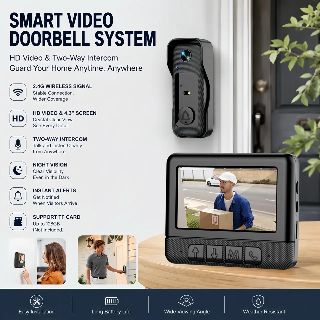 Smart Video Doorbell, 4.3 Inch Color Screen, HD Video Intercom, Long Battery Life, No Network Needed, Two-Way Voice, Tabletop Installation