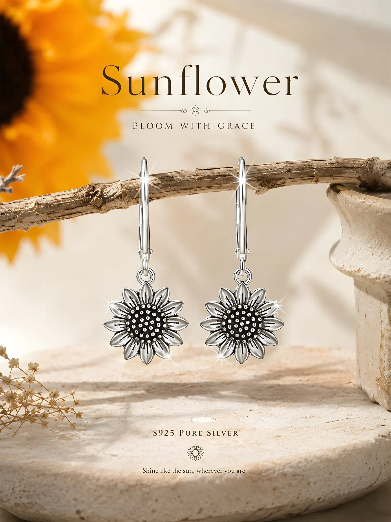 Women's Vintage Boho S925 Silver Sunflower Earrings, Fashion Lightweight Dangle Ear Hooks, All-Season Jewelry, Hypoallergenic Gift, Earrings Dangling, High Quality Earrings