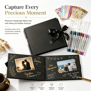 Premium Black Spiral Bound DIY Photo Album Gift Set With Silvery Golden Craft Accessories Metallic Markers Stickers Stencils