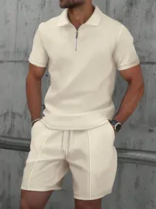 Men's 2-Piece Set, Waffle Fabric Classic Zipper Collar Short Sleeve Polo Shirt + Shorts, Summer Casual Fashion Beach, Outdoor Menswear