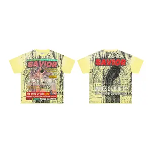 FIRST ROW Savior Wings of Purity Magazine Style Rhinestone Graphic T-Shirt Men Yellow Gradient Oversized Cotton Short Sleeve Tee For 4th Of July Summer Hip Hop Streetwear Outfit