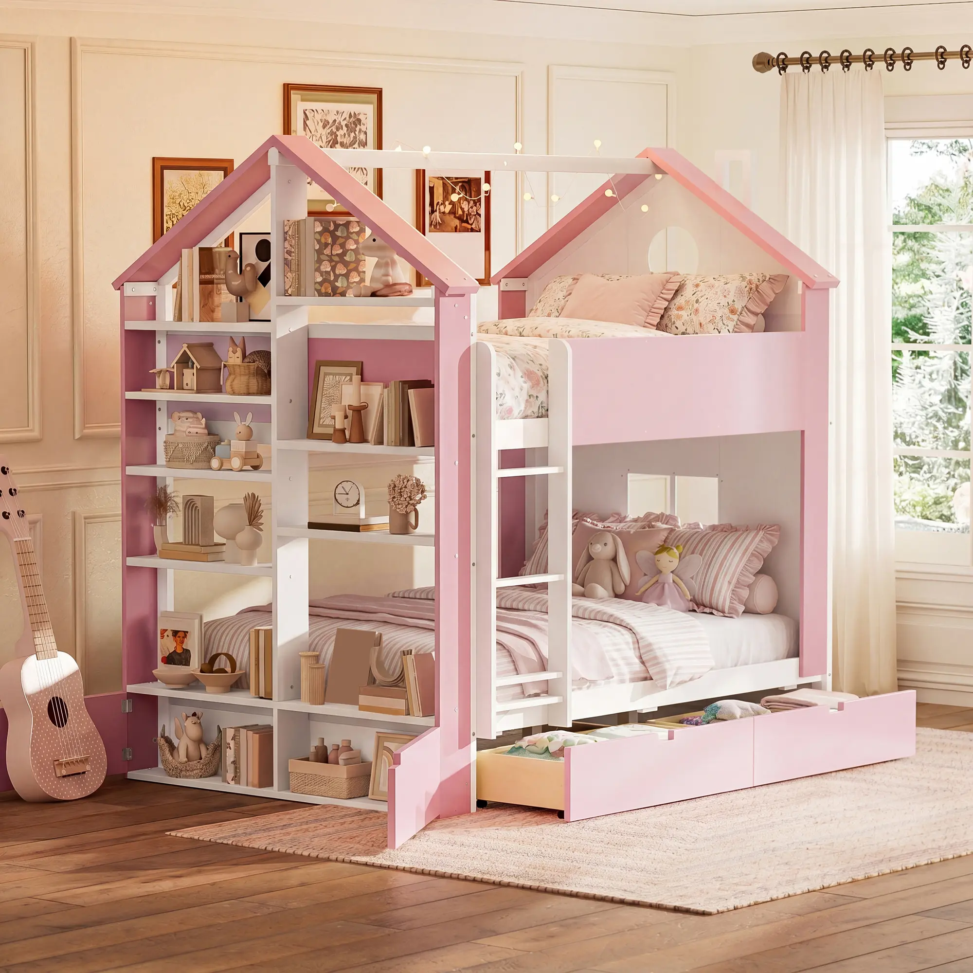ARCH Full Size Bunk Bed with Storage Drawers and Shelves, Modern Two-Tone Wood Bunk Bed Frame with LED Light Strip, Space-Saving Bedroom Furniture for Kids Teens Guest Room, White and Pink, MDF Pine Plywood, Full Size Options, White+Pink Color Option