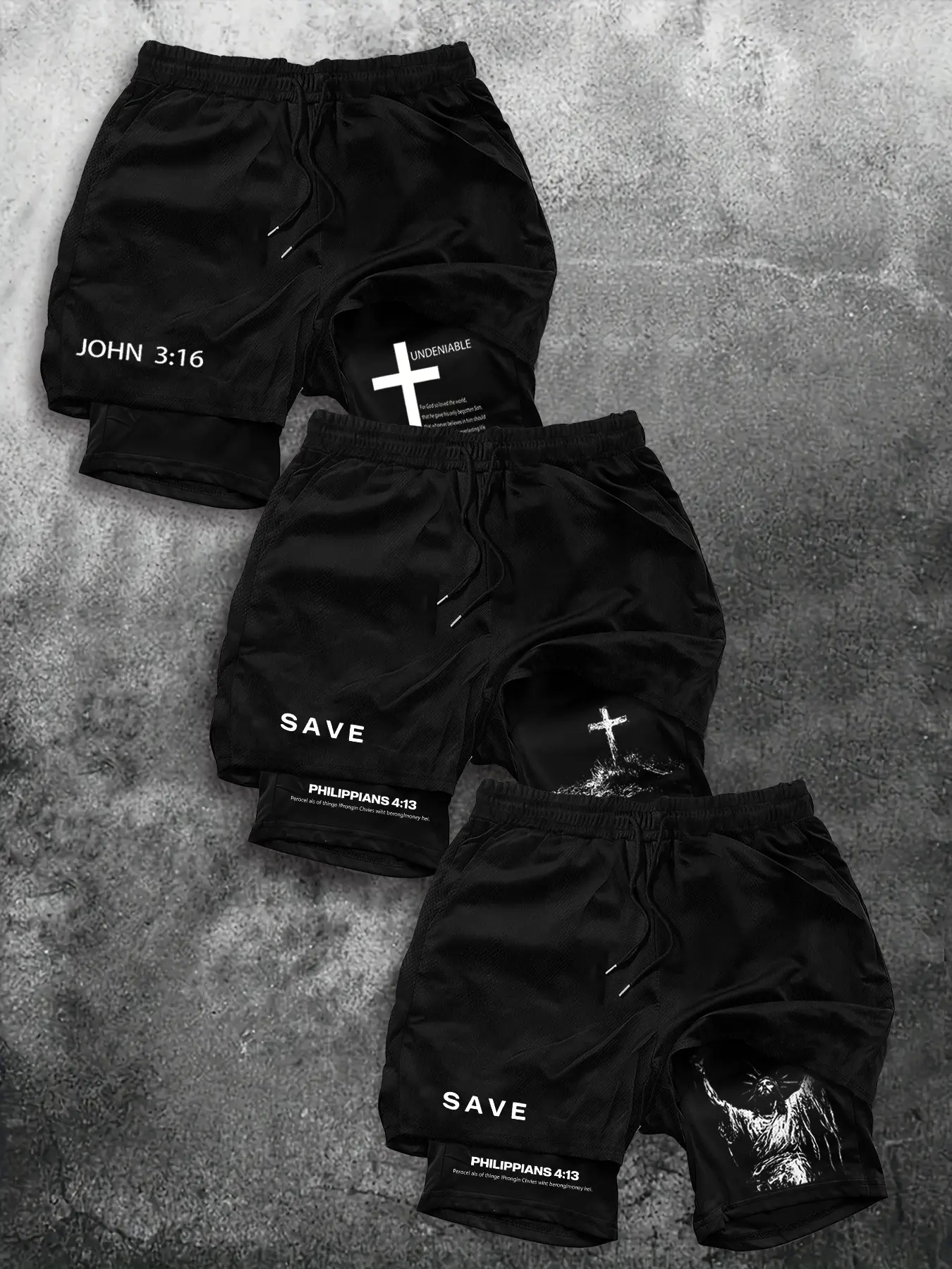 Summer Trend Cross Faith Fake Two-Piece Sport Shorts, Athletic Wear Shorts, Lightweight Summer Shorts, Dark Aesthetic Design, 3-Pack, Multiple Styles and Colors, Casual Sports Wear, Casual Athleisure Shorts, Lightweight Workout Shorts