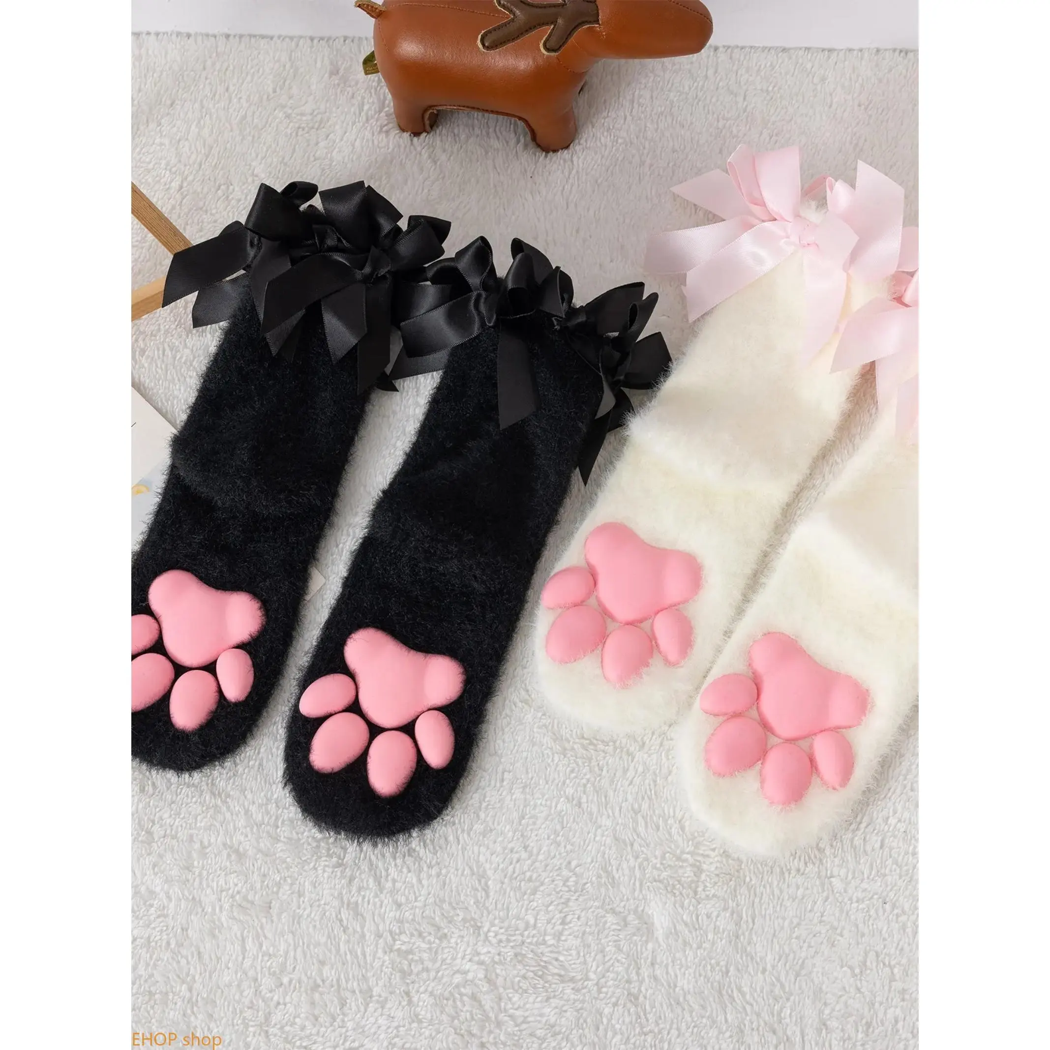 Female Lolita Plain Socks - Thick, Plush, and Thermal for Winter Holidays with Butterfly Knot Detail