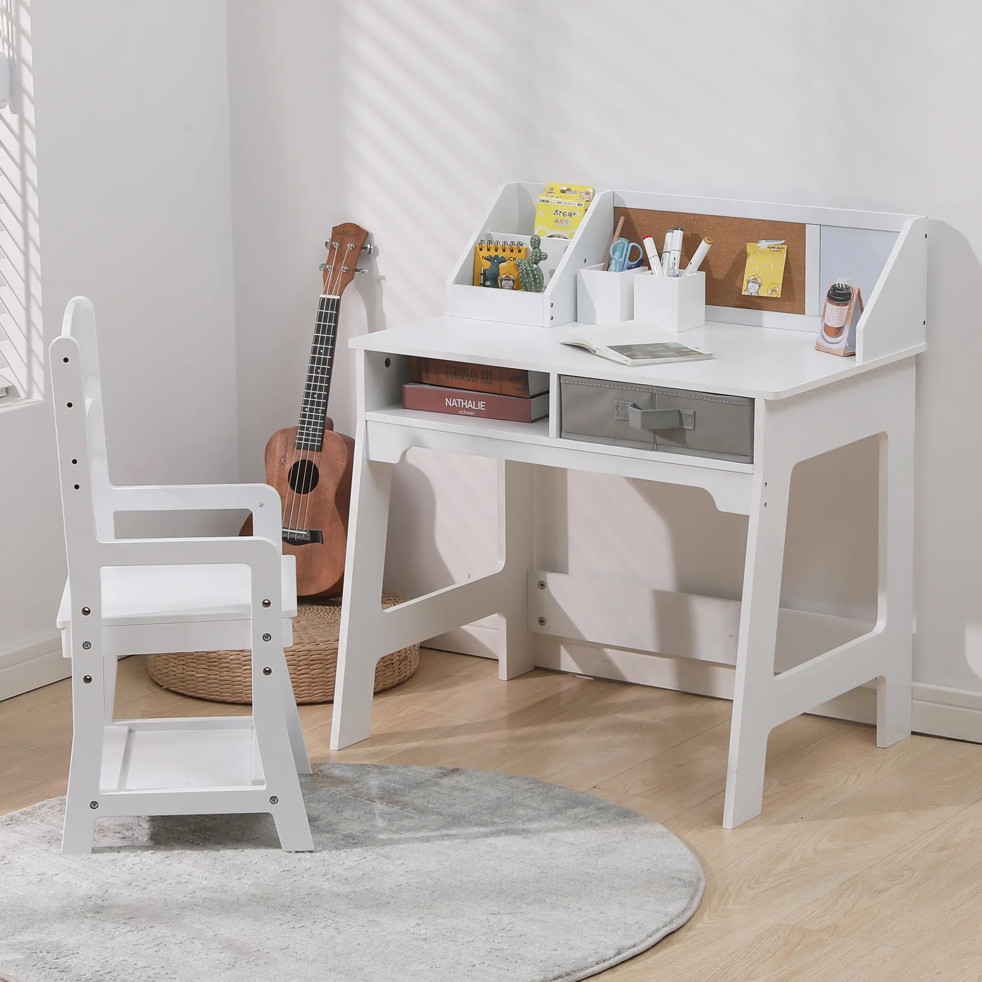 Kids Study Desk and Chair Set, Wood Kids Writing Table with Storage, Kids Activity Table with Bookshelf, Bulletin Board, Computer Desk for Boys and Girls