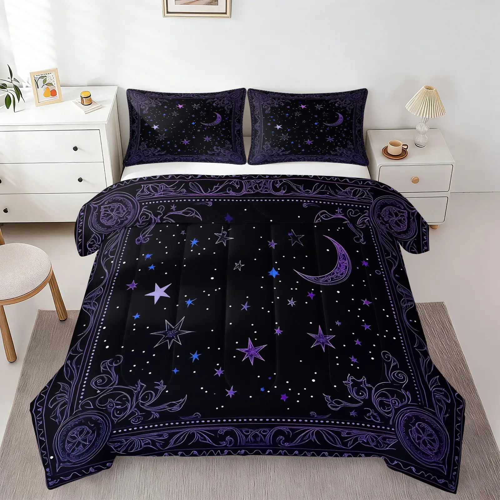 Mystical Purple Moon & Star Comforter Set, Duvet Set, Polyester Bed Set, Soft Breathable Gothic Night Sky Bedding Set, 1 Quilt & 1/2 Pillowcase No Pillow Insert, Comfy for Adults Bedroom, Dorm & Guest Room, Witchy Decor