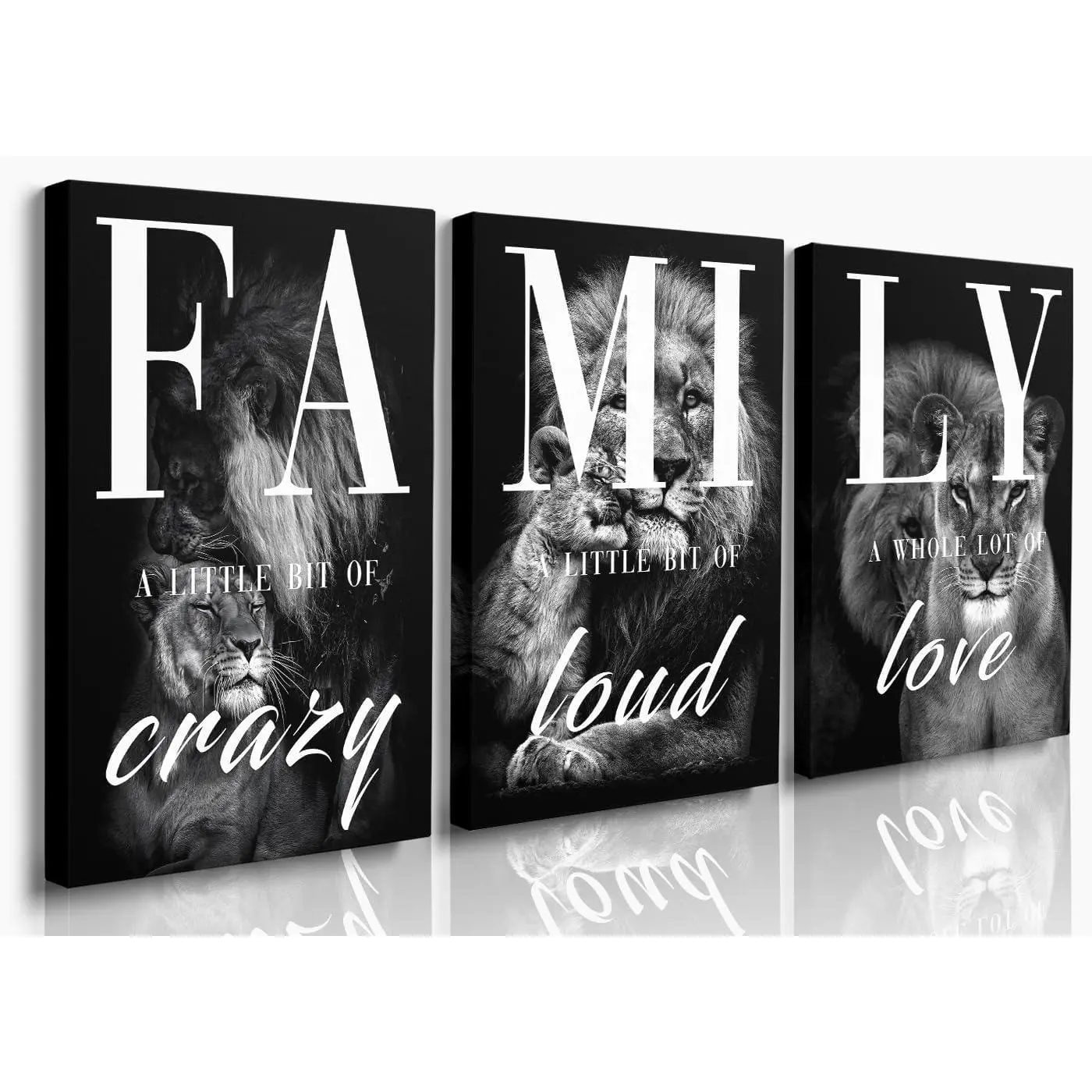 Black Gray Animal Wall Art Set of 3 Lion Prints - Family Wall Decor for Dining Room, Living Room - Modern Rustic Home Wall Art,,2D Flat,Chocolate,athlete,canvas,Santa,apartment,inspirational,stylish,Vintage