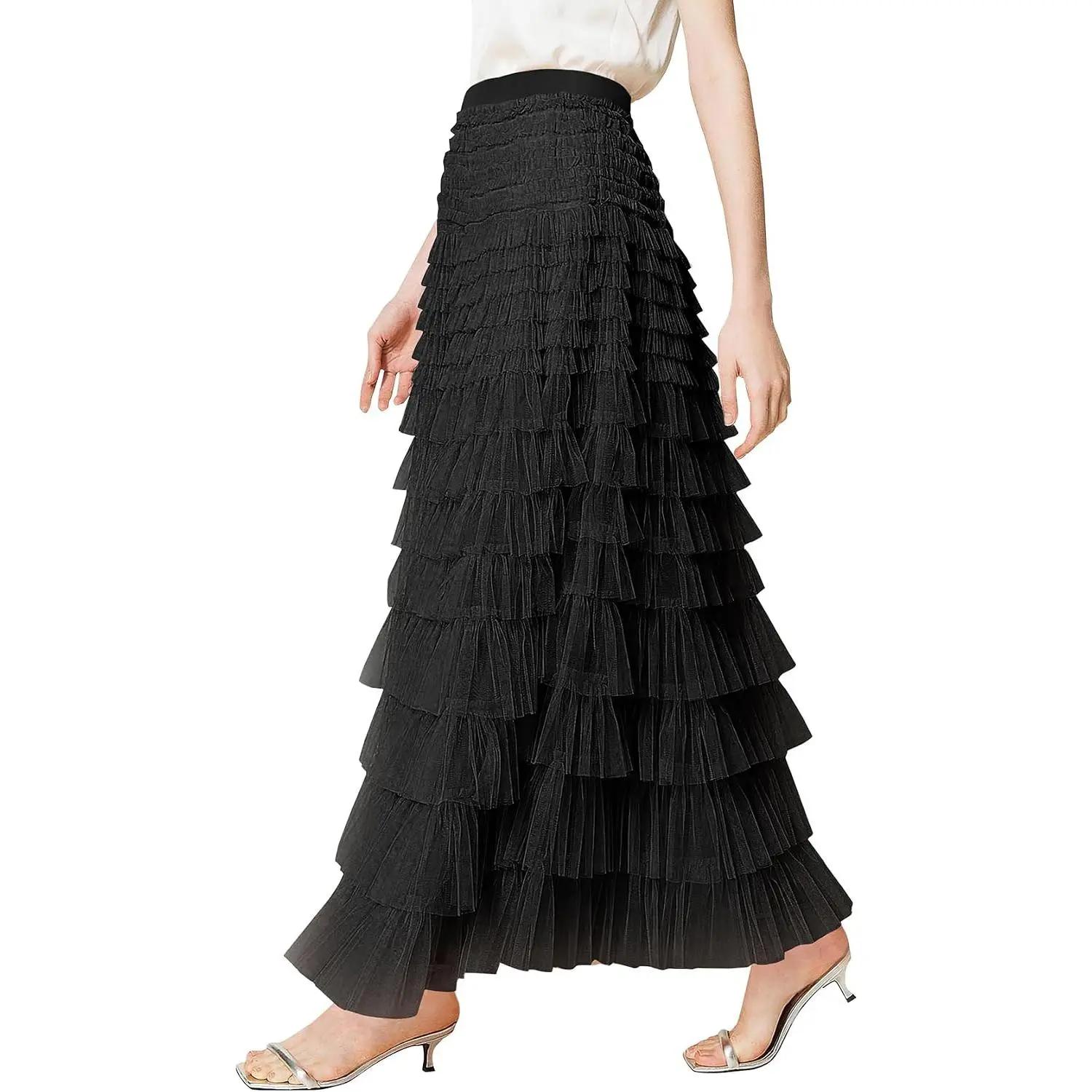 Women Tulle Maxi Skirt High Waist Elegant Flowy Party Guest Skirt