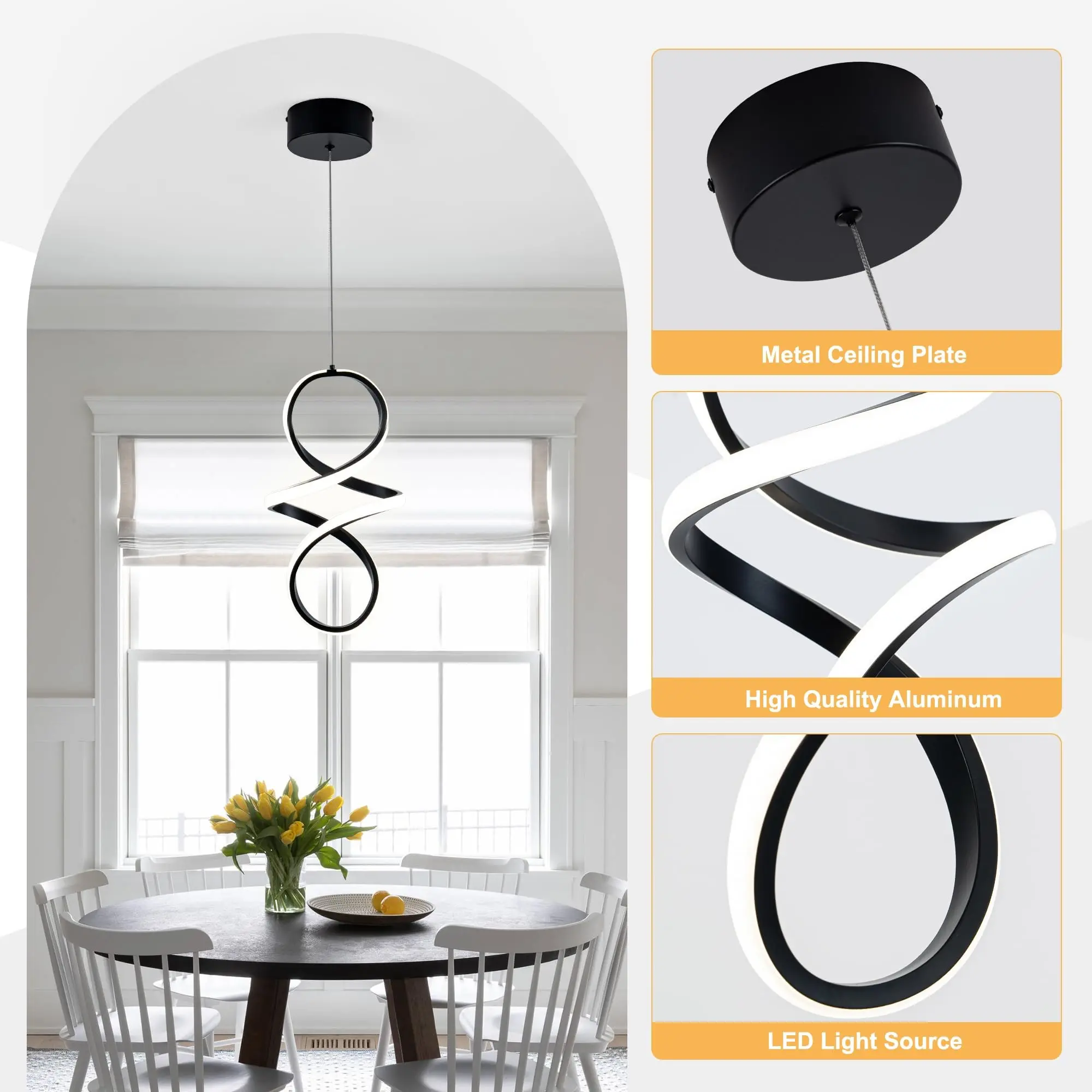 Minimalist LED Pendant Light, Hardwired, Creative “8”-Shaped Design, Black/Silver, High Quality Aluminum, Three Color Temperatures For Hallways, Entryways, Studies, Bedrooms, and Dining Rooms, Indoor Decorative Lighting